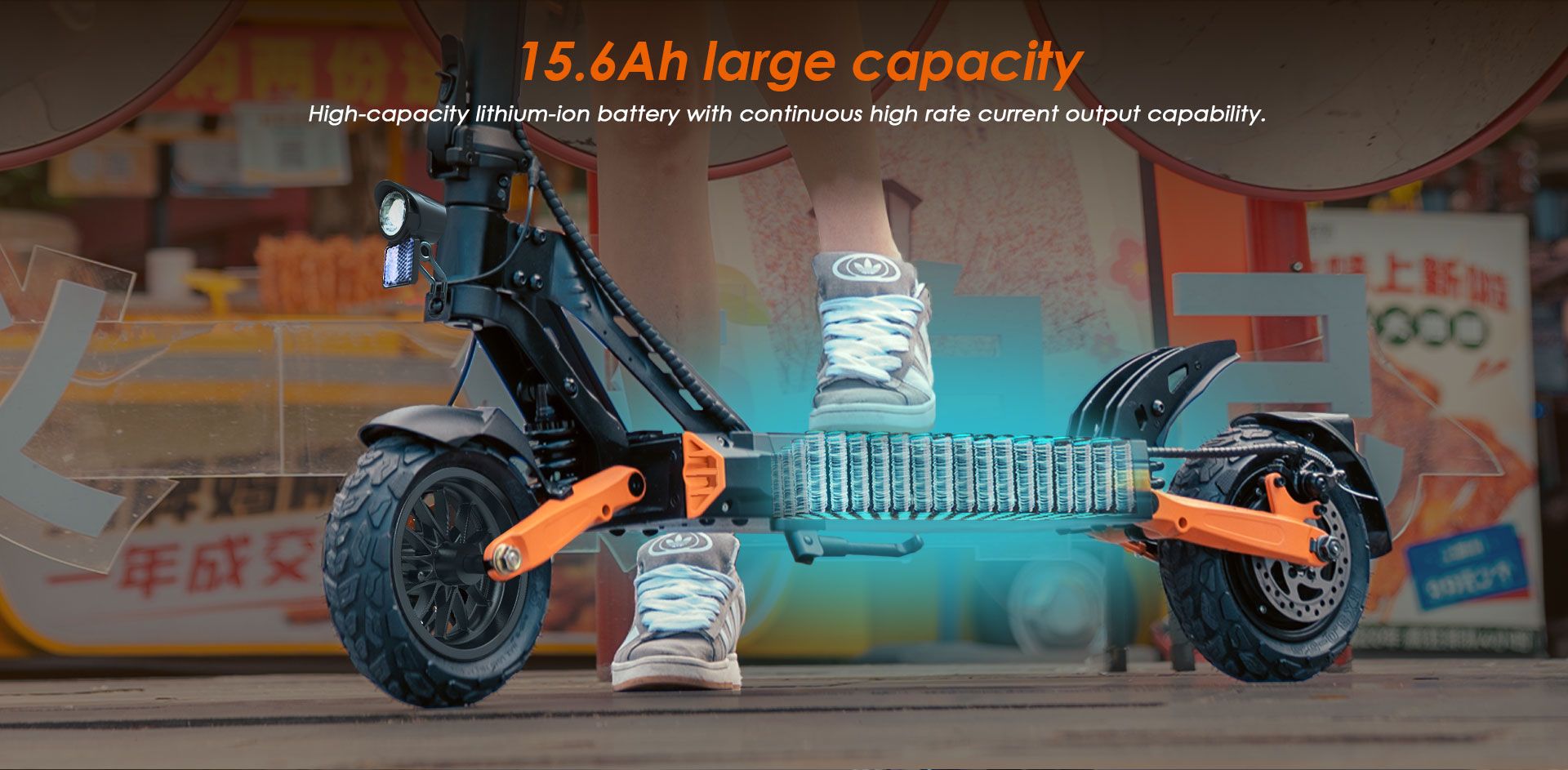 KuKirin G2 Pro ABE electric scooter cutaway view, showing built‑in 15.6Ah large‑capacity lithium‑ion battery