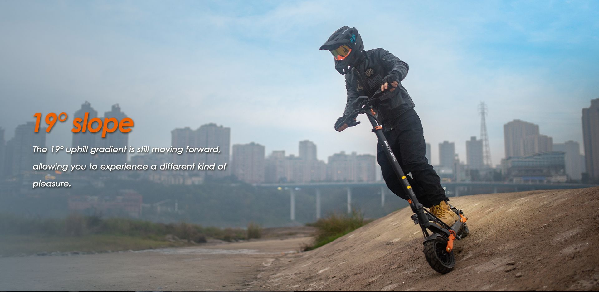 KuKirin G2 Pro ABE electric scooter climbing uphill, demonstrating 19 degree slope climbing capability