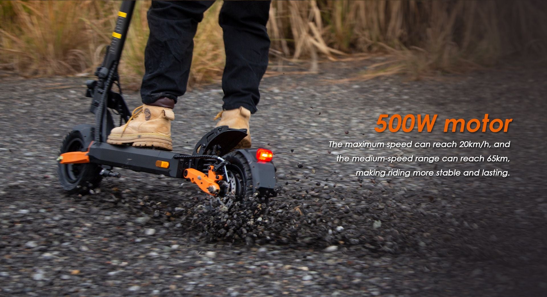 KuKirin G2 Pro ABE electric scooter riding on gravel road, showcasing powerful 500‑Watt motor performance