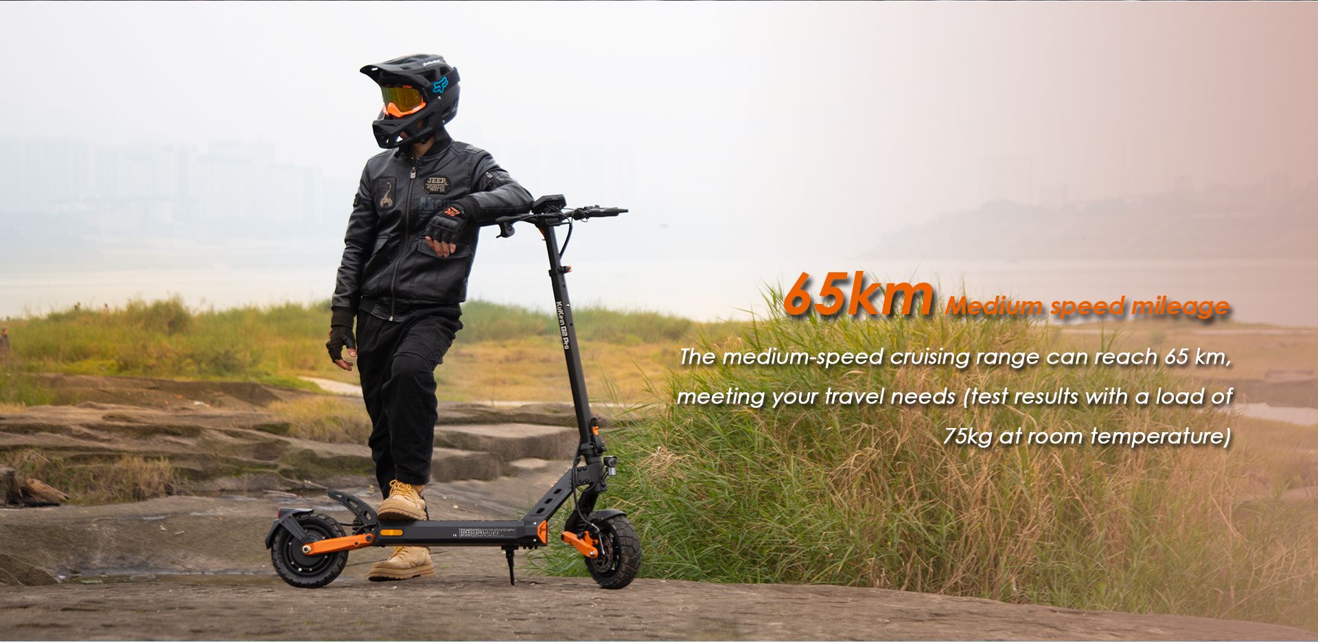 KuKirin G2 Pro ABE adult electric scooter outdoor shot, highlighting 65km medium‑speed cruising range