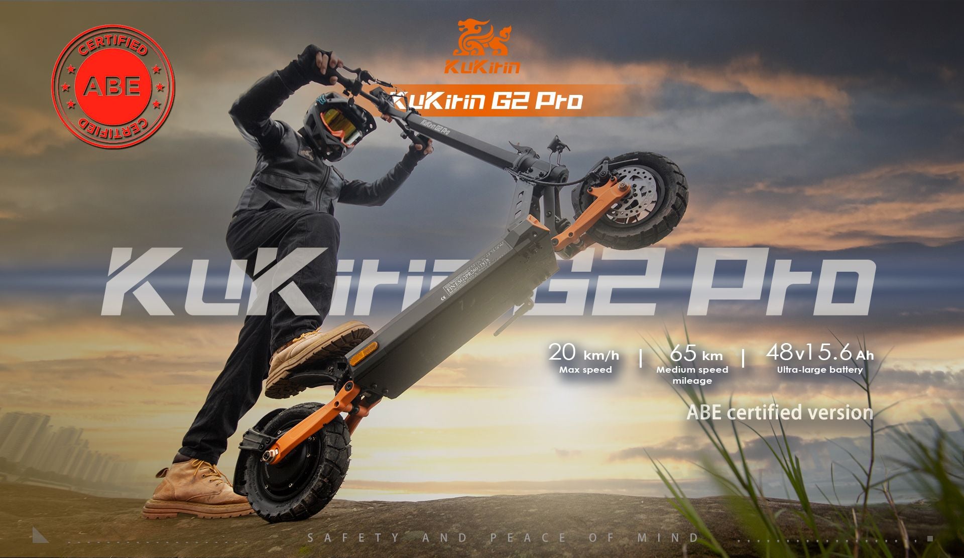 KuKirin G2 Pro ABE certified adult electric scooter hero banner, off‑road riding scene with ABE certification mark