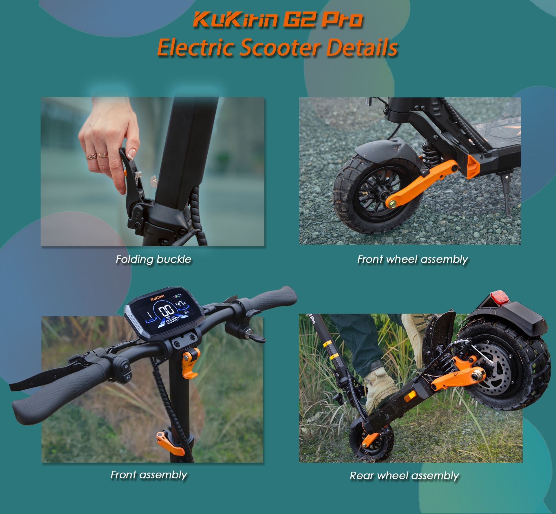 KuKirin G2 Pro ABE electric scooter detail collage: folding buckle, front wheel, handlebar dashboard and rear wheel assembly