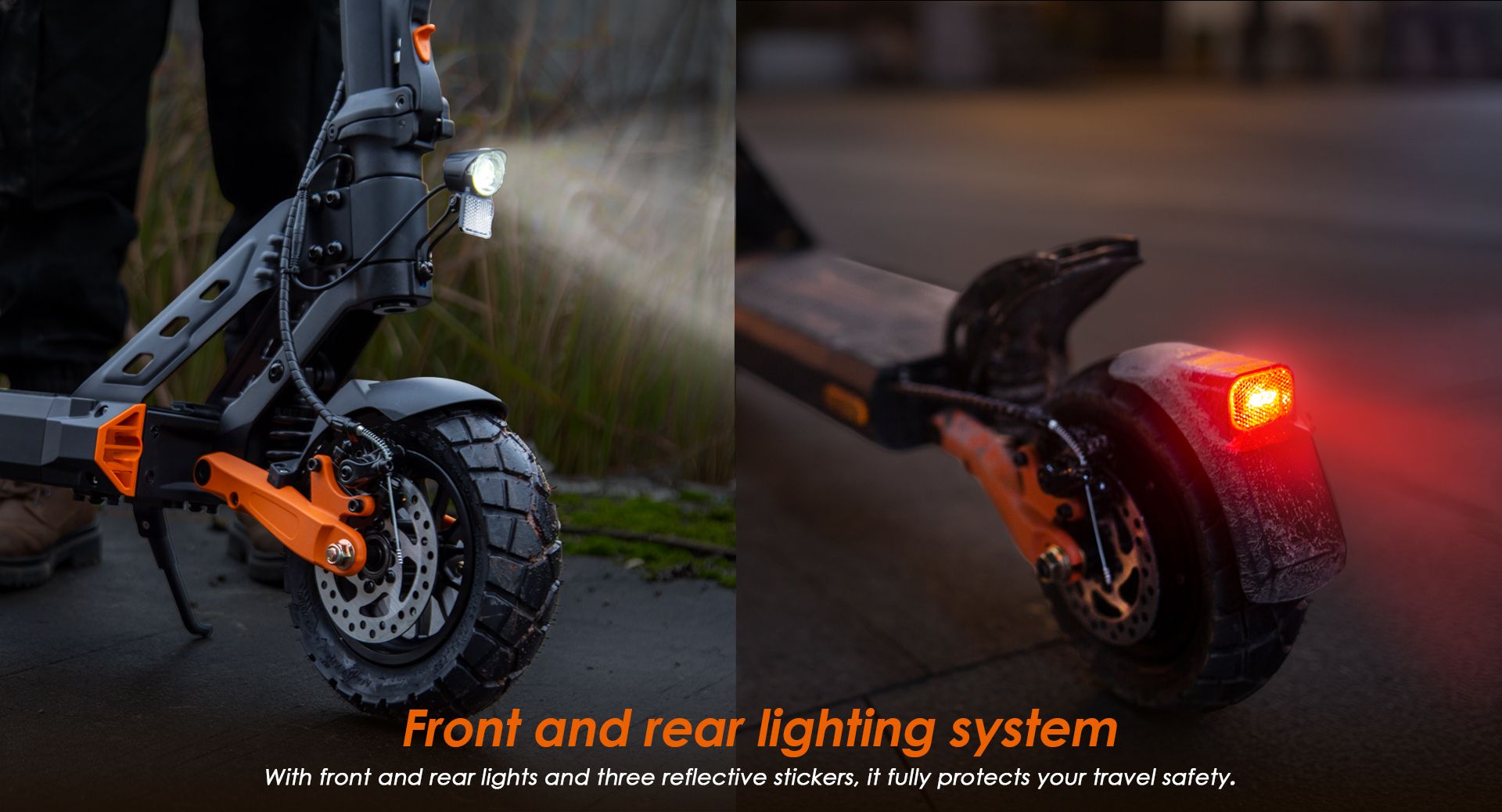KuKirin G2 Pro ABE electric scooter split view showing bright front headlight and red rear taillight safety lighting system