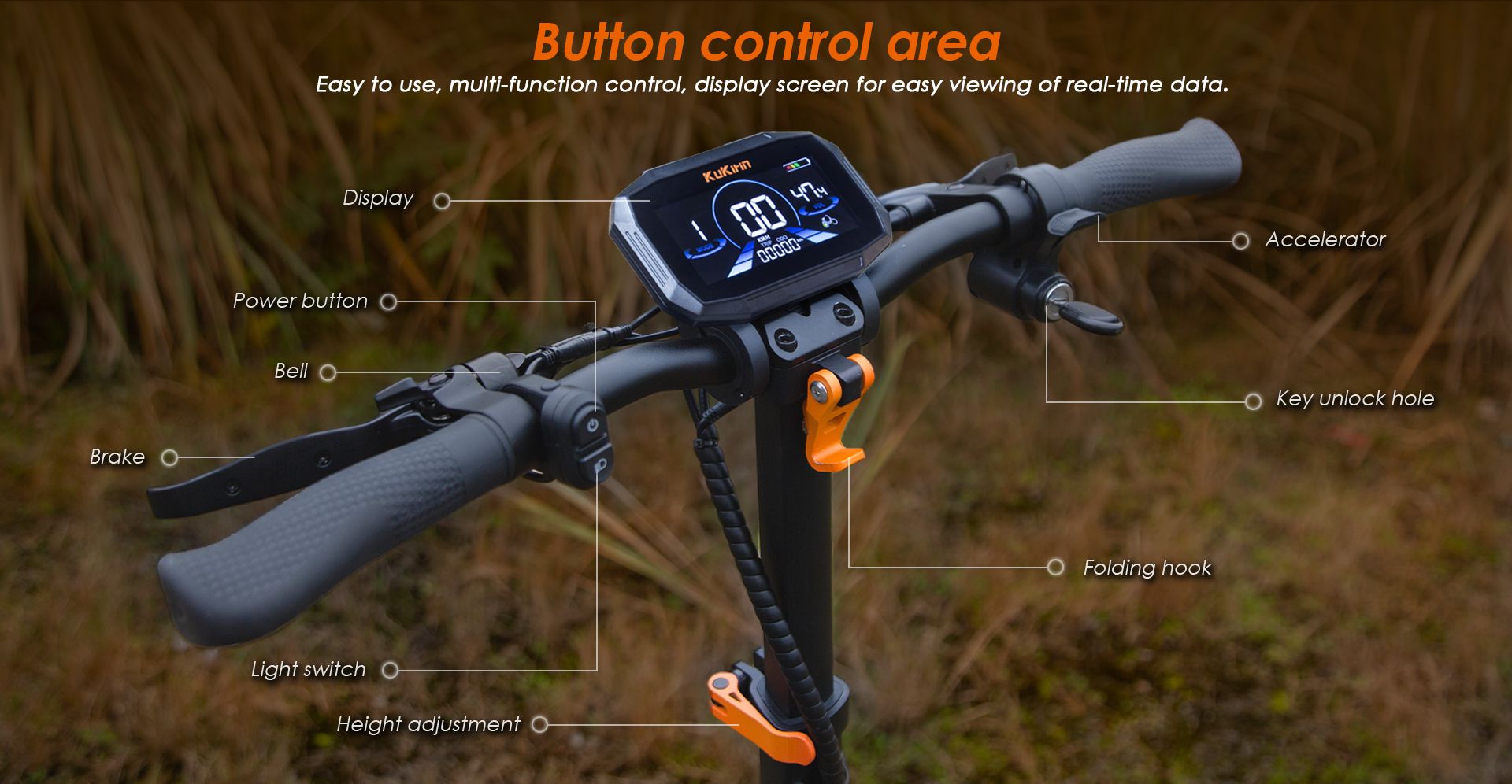 KuKirin G2 Pro ABE electric scooter handlebar close‑up, labeled LCD display, brake lever, accelerator and control buttons