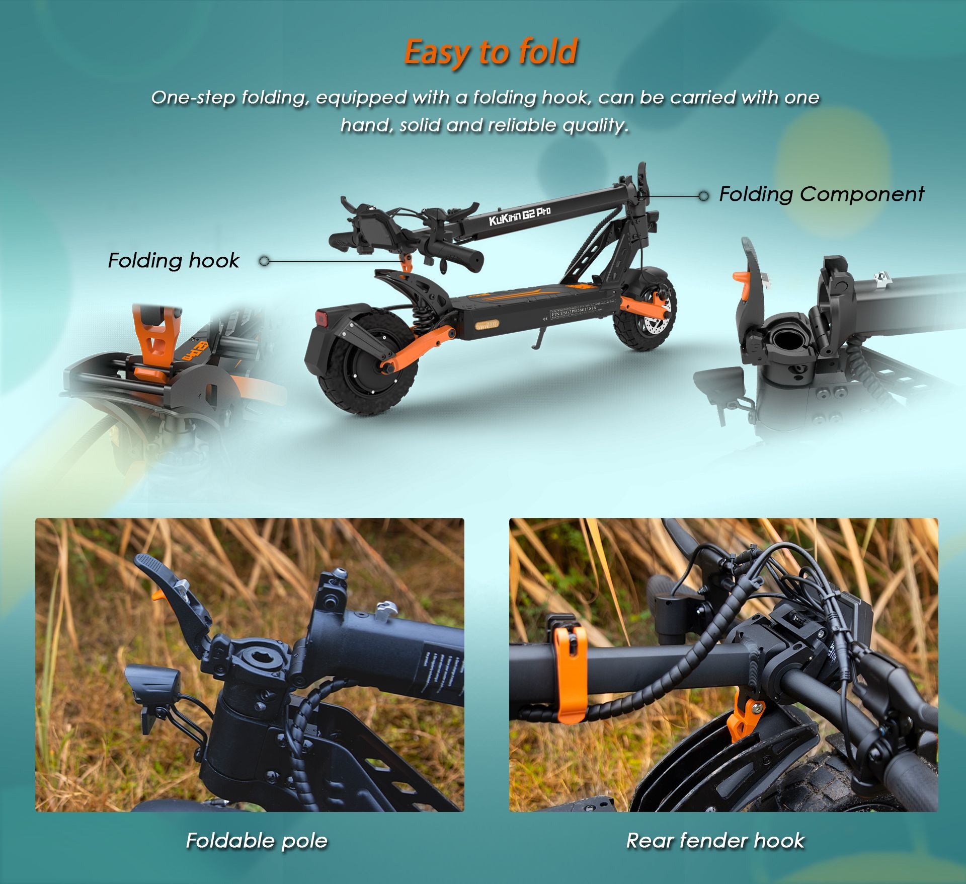 KuKirin G2 Pro ABE electric scooter collage showing one‑step foldable structure, folding hook and folding component details