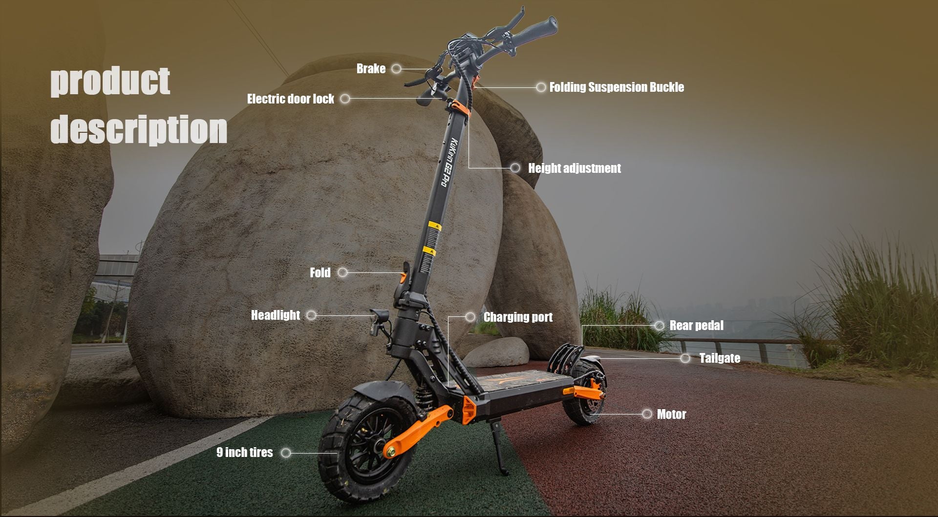 KuKirin G2 Pro ABE electric scooter labeled parts diagram showing brake, motor, tires, charging port and folding mechanism