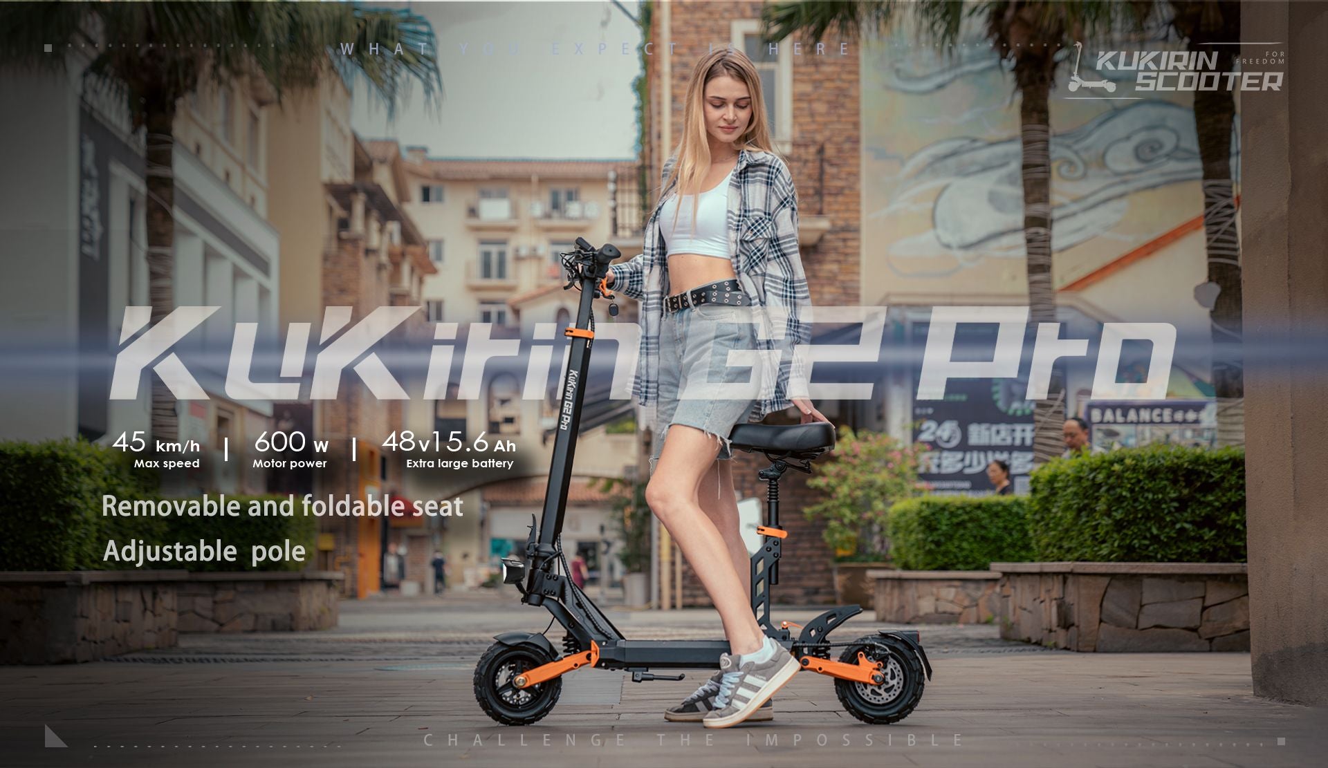 KuKirin G2 Pro adult folding electric scooter with removable seat, 600W motor 45km/h for urban commuting