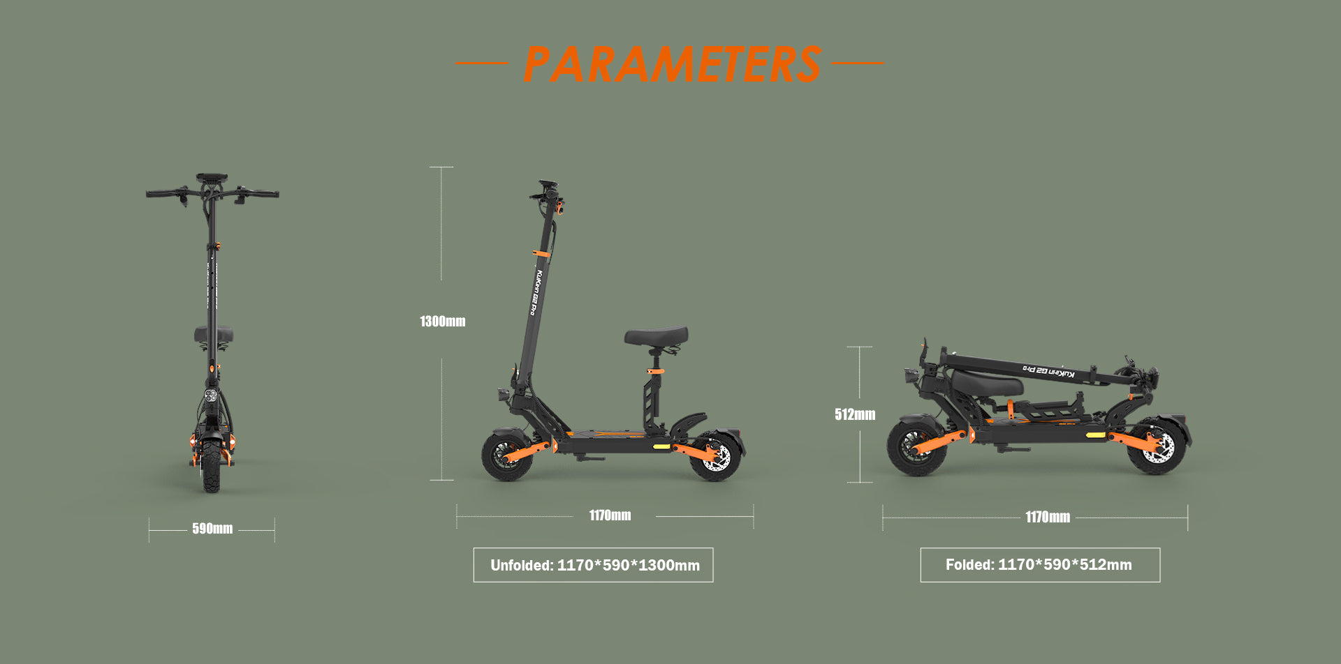 KuKirin G2 Pro electric scooter dimension chart, unfolded and folded size measurement diagram