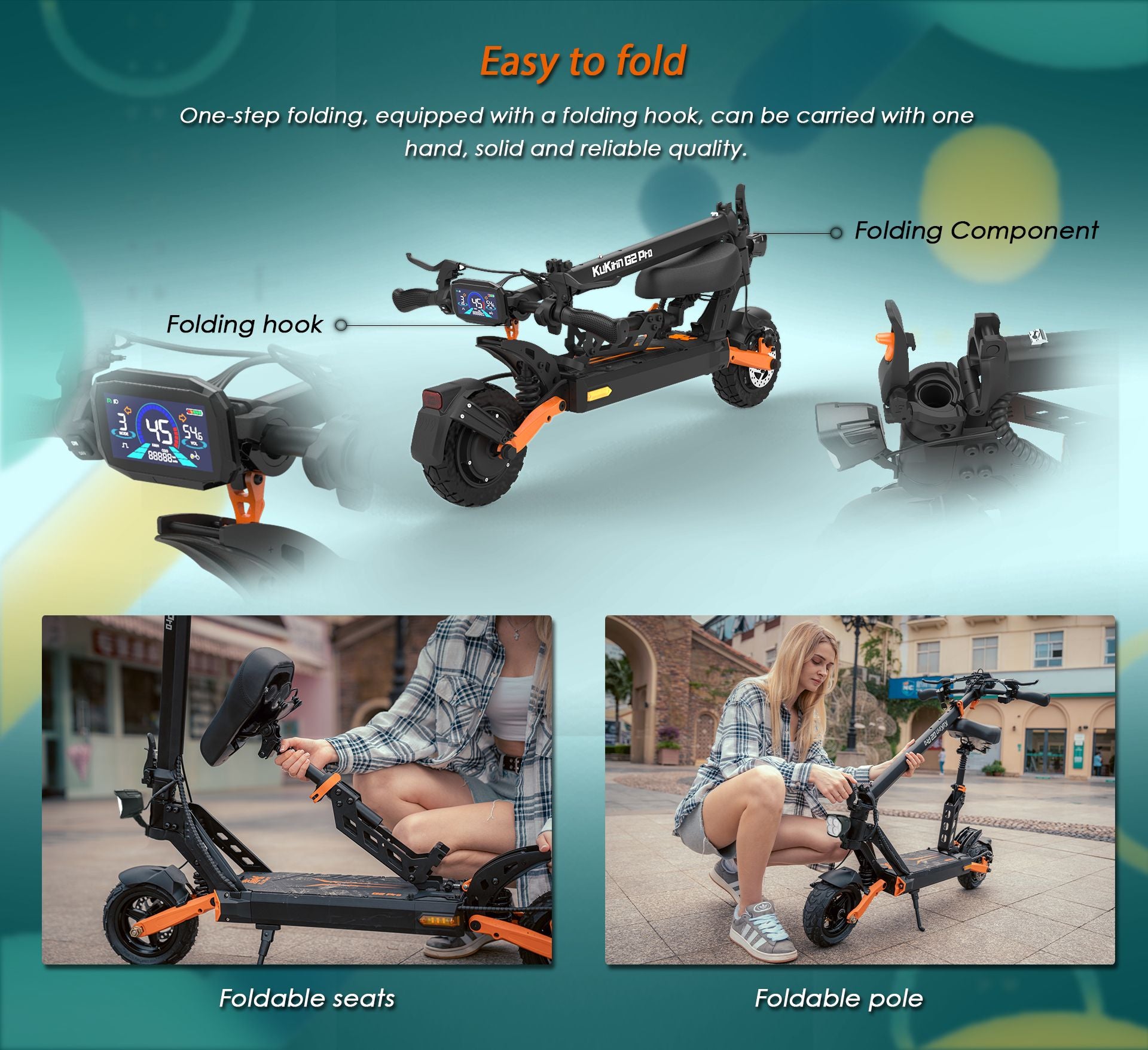 KuKirin G2 Pro electric scooter one‑step folding demonstration, foldable seat and foldable pole