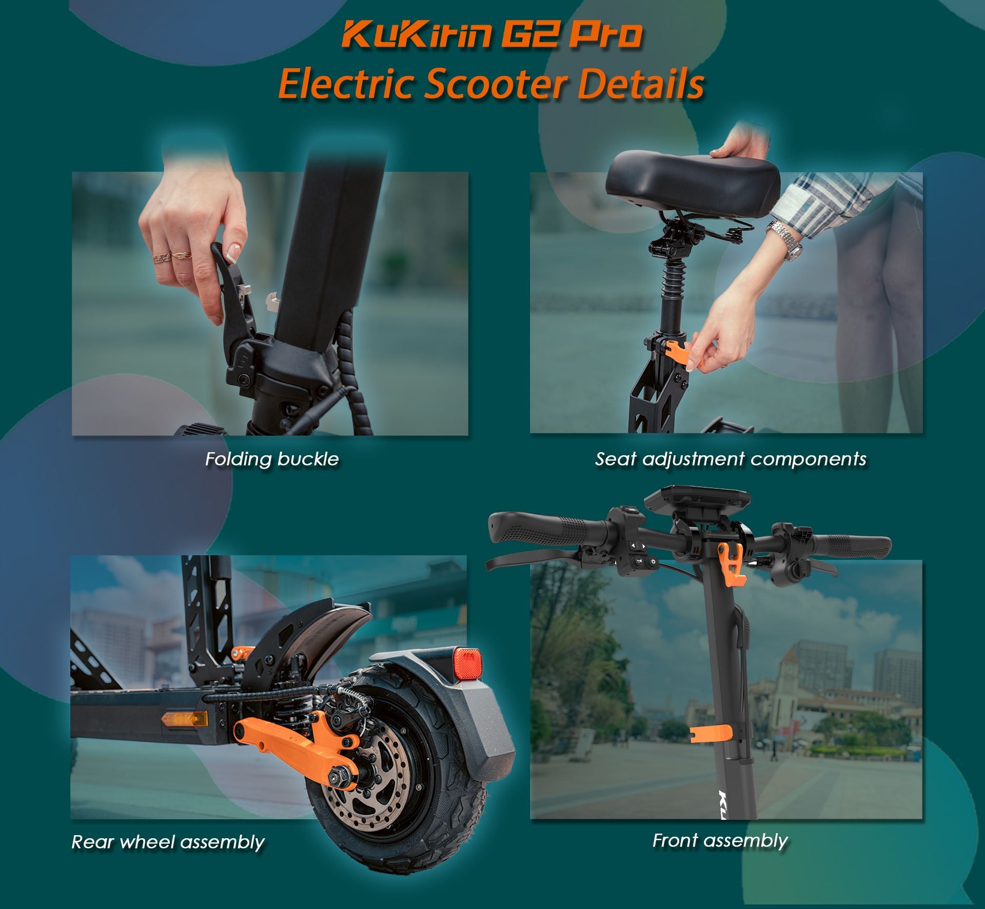 KuKirin G2 Pro electric scooter detail collage, folding buckle, seat adjuster, rear wheel and front assembly
