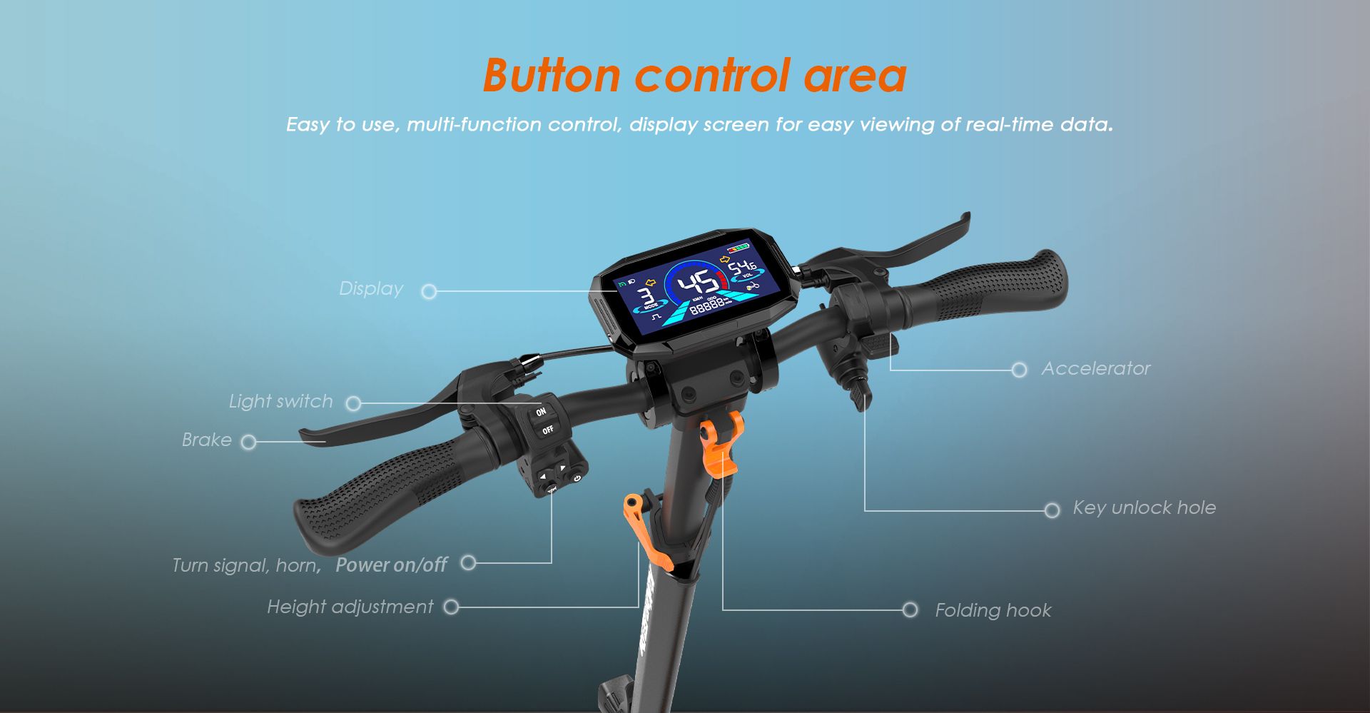 KuKirin G2 Pro handlebar button control area, LCD display screen and multi‑function switches