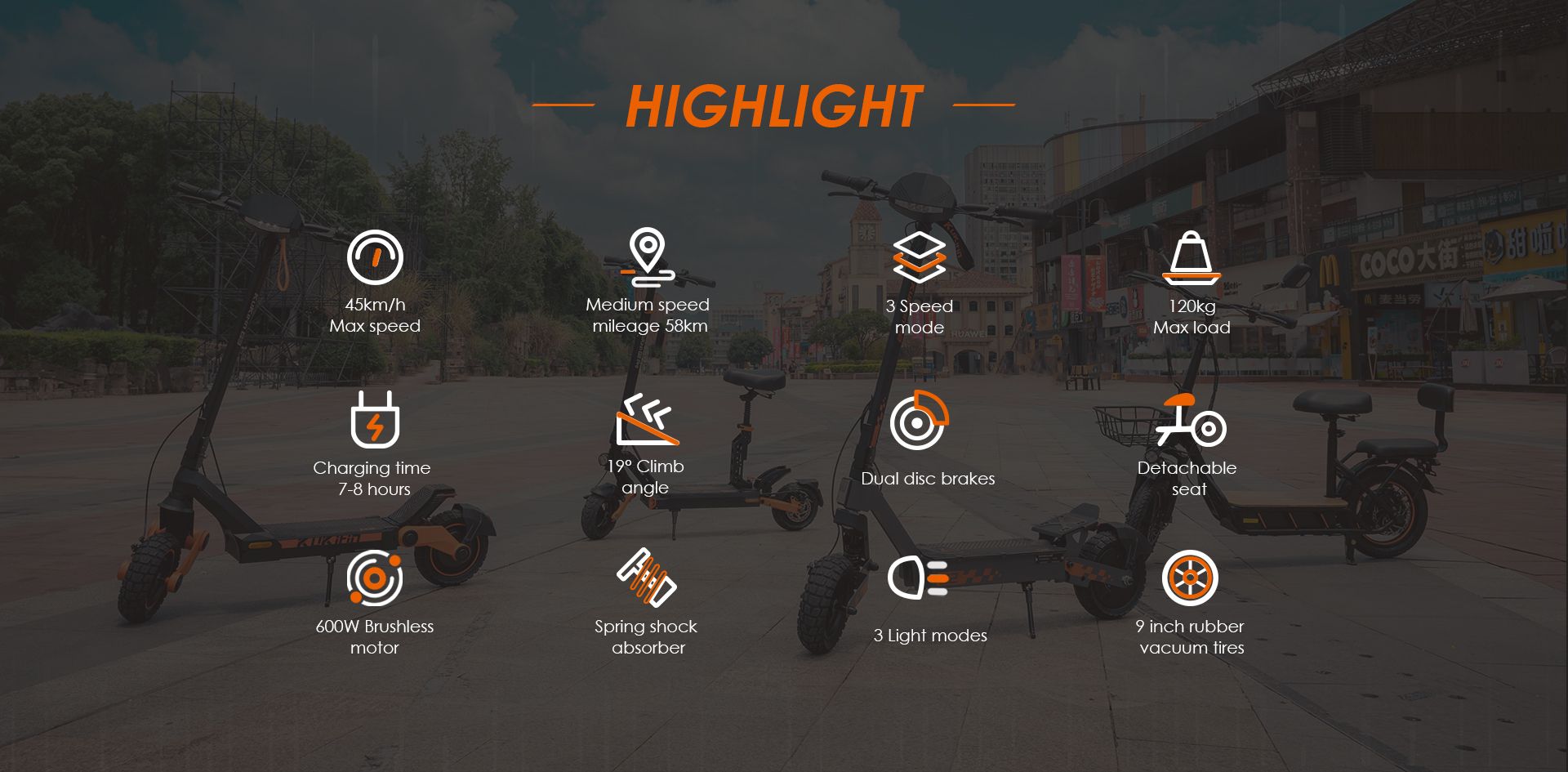 KuKirin G2 Pro electric scooter key features infographic, max speed 45km/h, 600W motor, detachable seat, dual disc brakes