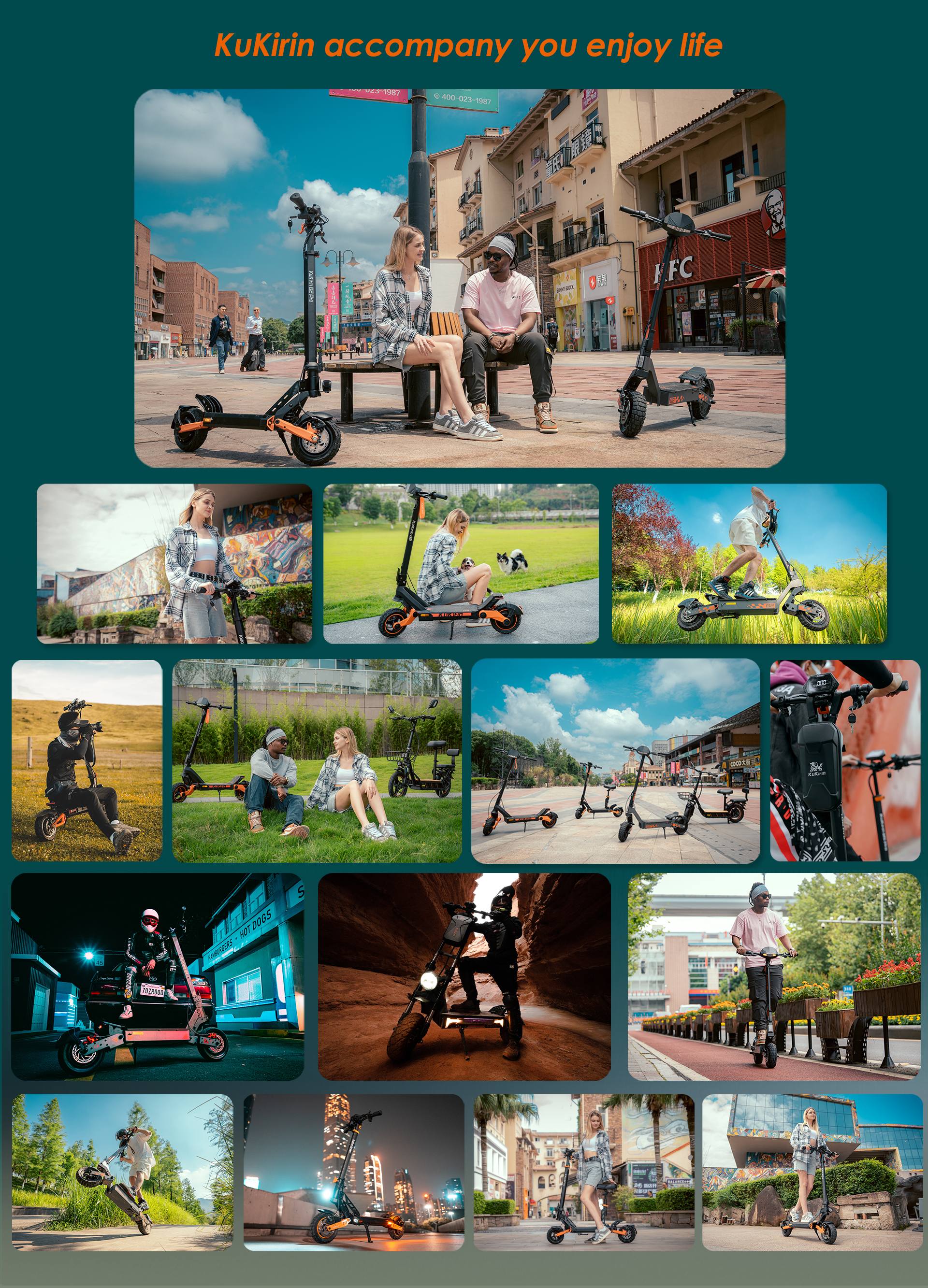 KuKirin G2 Pro electric scooter multi‑scene lifestyle collage, urban and off‑road riding scenarios