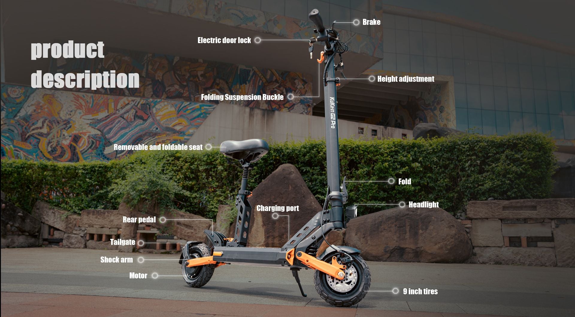 KuKirin G2 Pro adult folding electric scooter labeled parts diagram, adjustable pole and removable seat