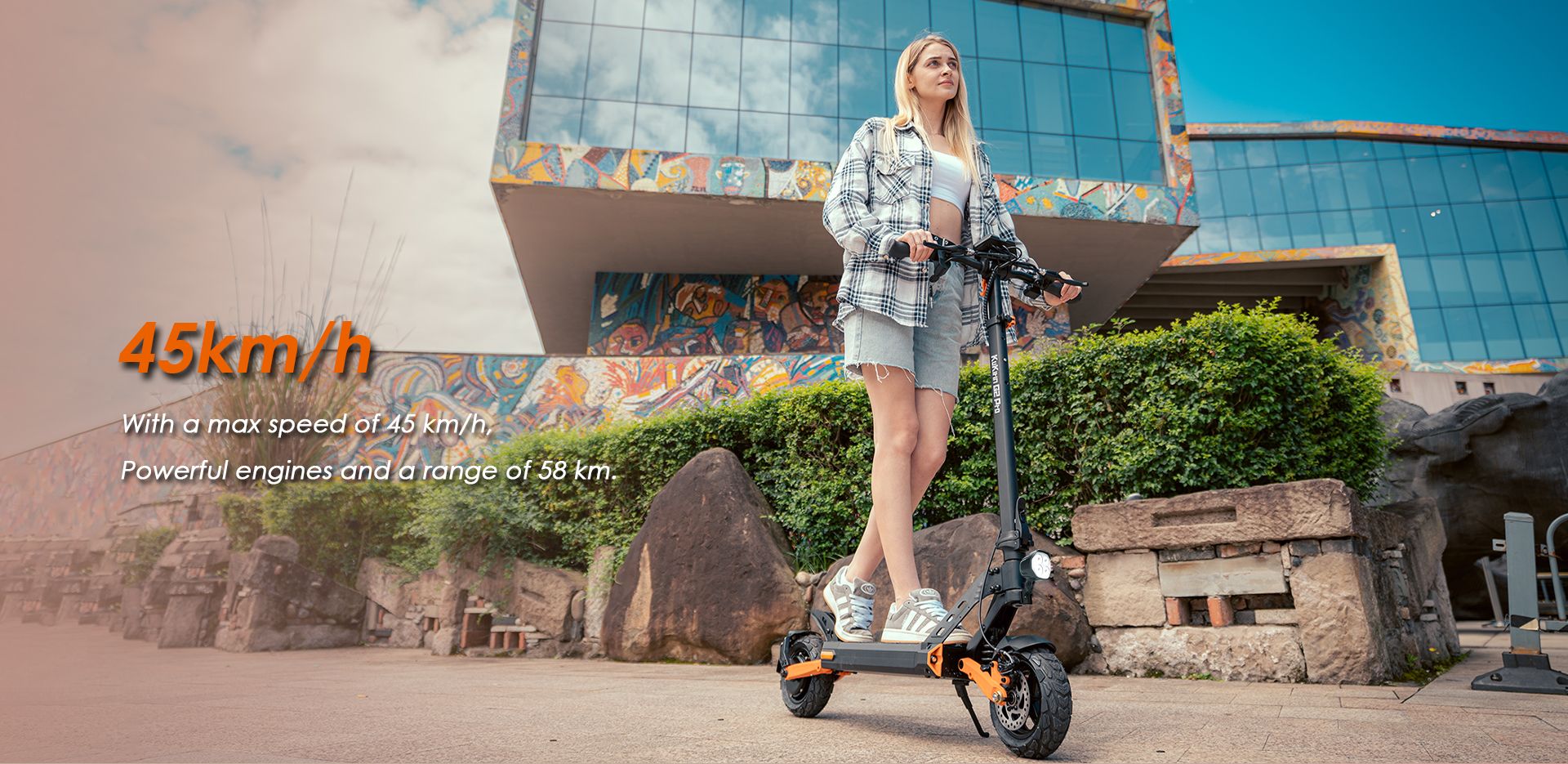 KuKirin G2 Pro adult folding electric scooter outdoor riding scene, 45km/h max speed 58km range