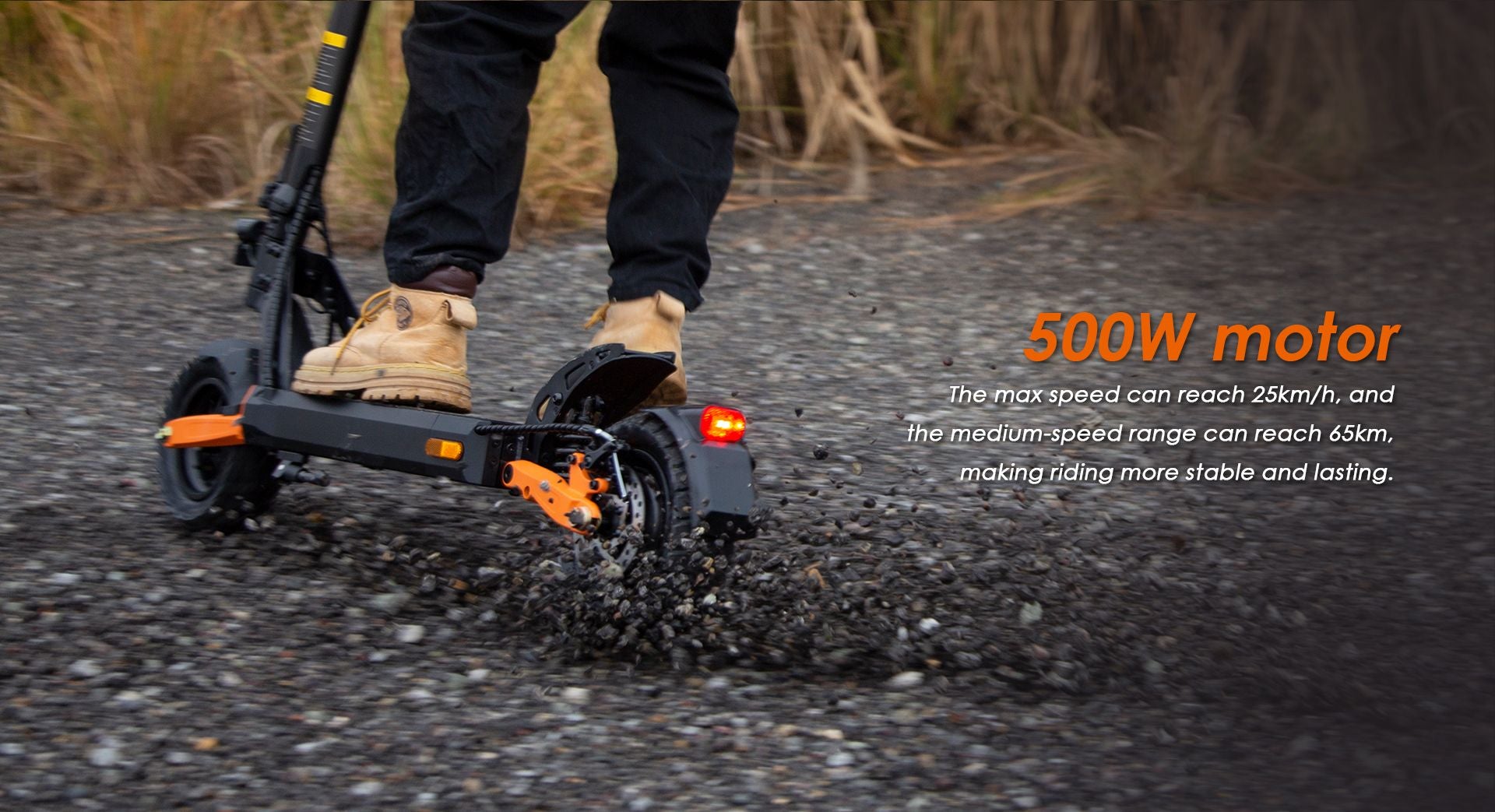 KuKirin G2 Pro VMP DGT certified electric scooter riding on gravel road showcasing powerful 500W motor performance