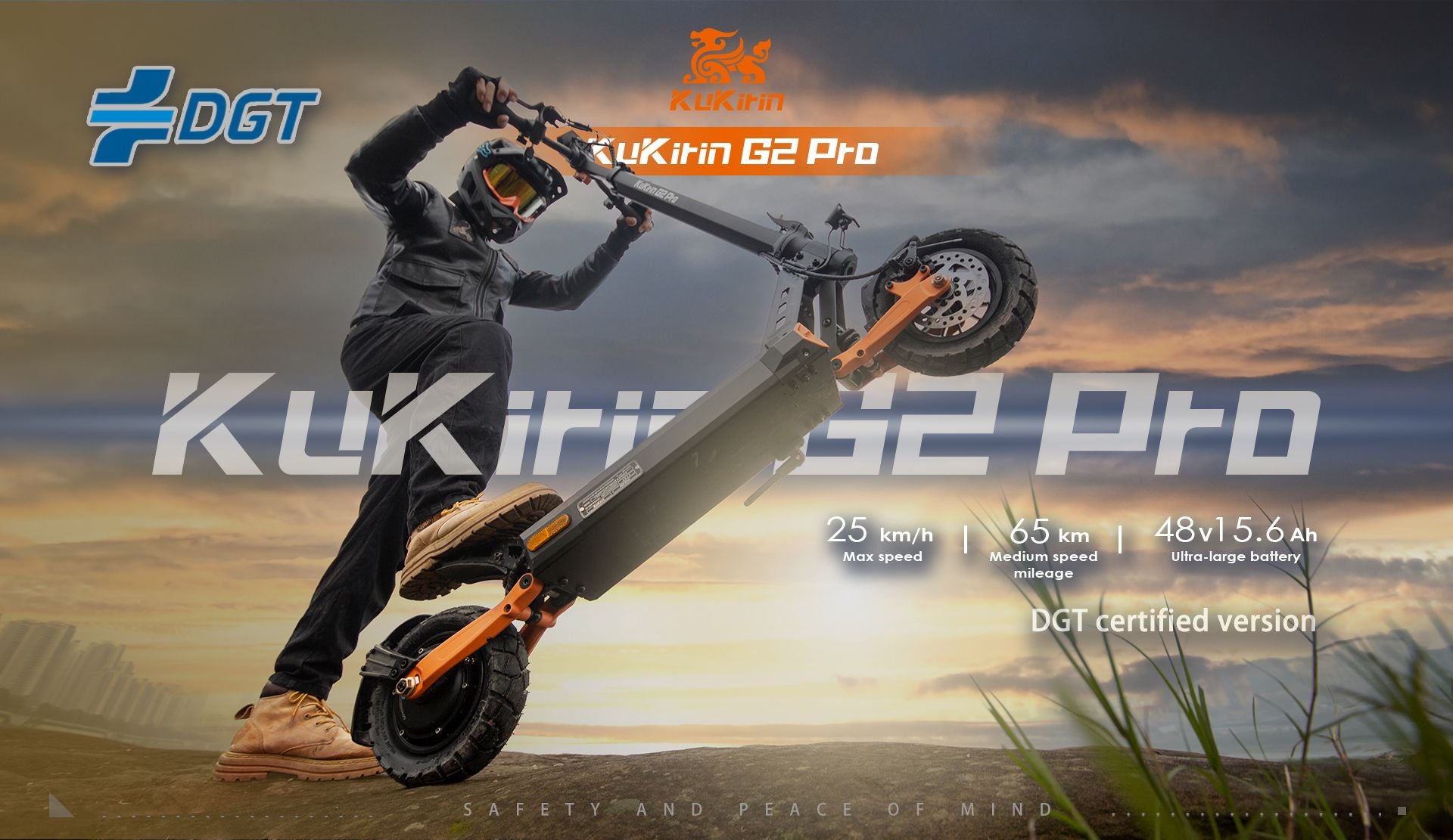 KuKirin G2 Pro VMP DGT certified adult foldable electric scooter performing wheelie on outdoor terrain