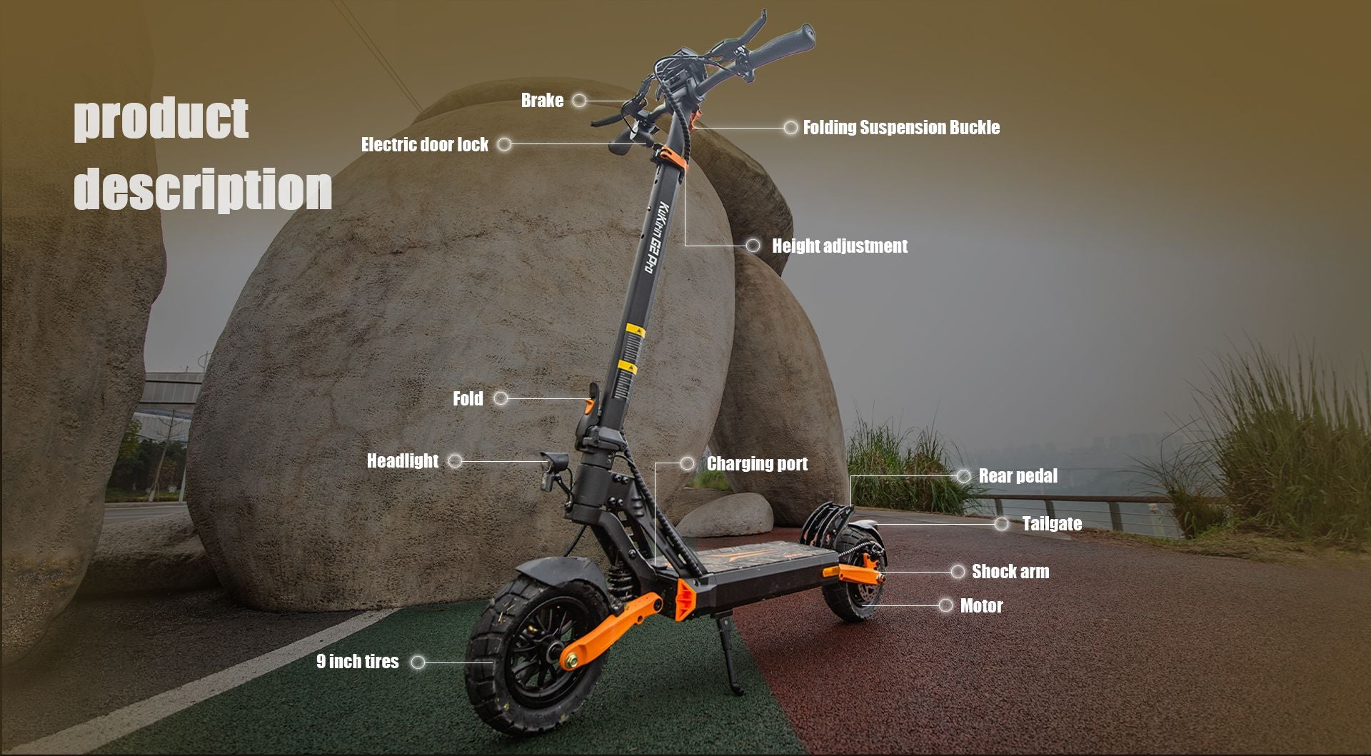 KuKirin G2 Pro VMP DGT certified adult electric scooter labeled parts diagram showing main components outdoors