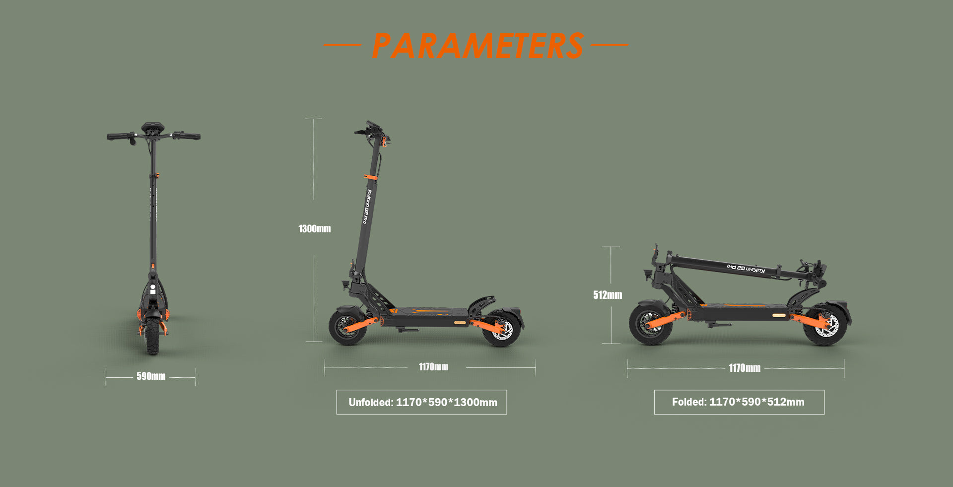 KuKirin G2 Pro VMP DGT certified electric scooter dimension diagram, showing unfolded and folded size measurement parameters