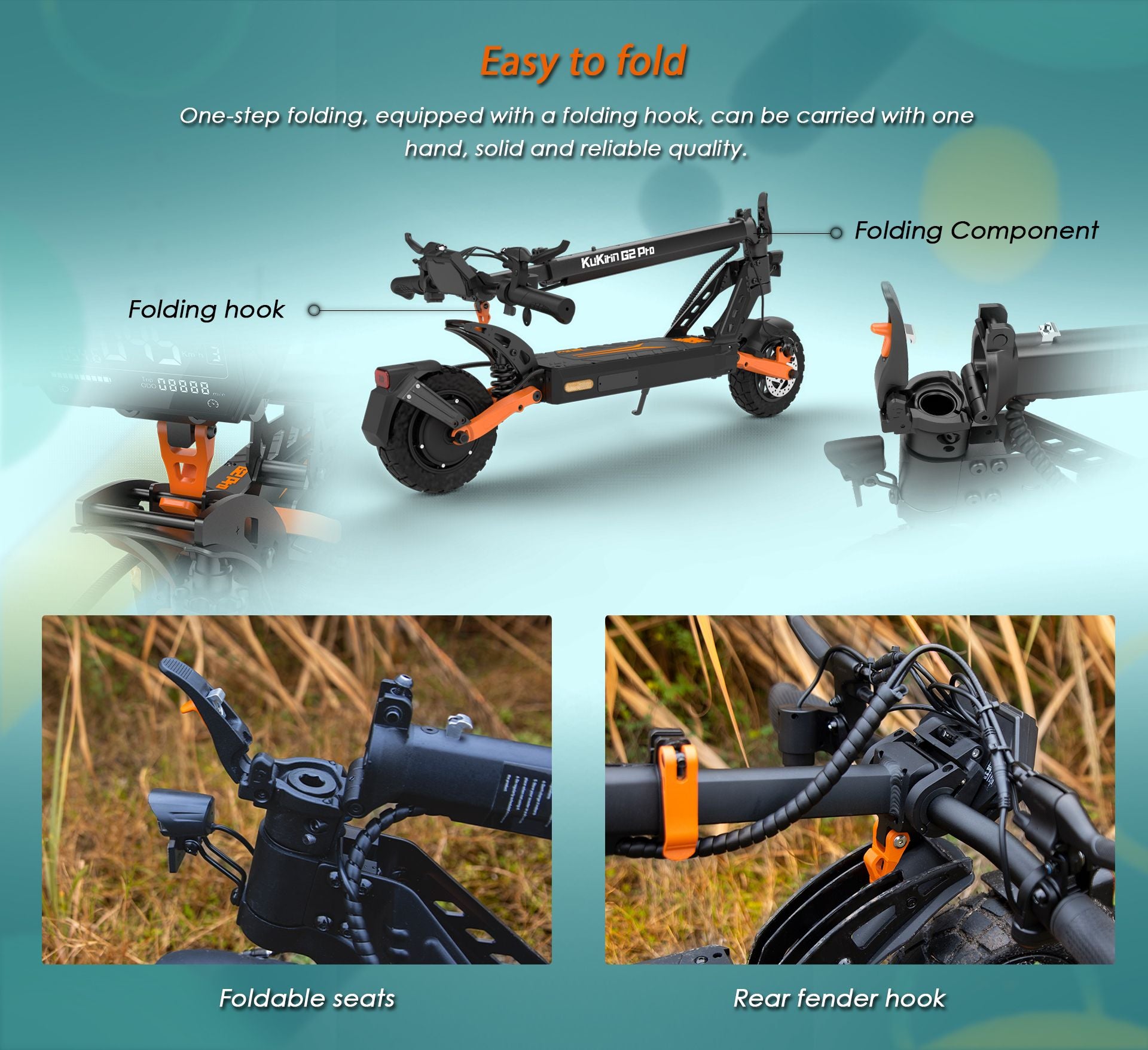 KuKirin G2 Pro VMP DGT certified electric scooter multi‑view diagram showing one‑step folding structure, folding hook and foldable accessories