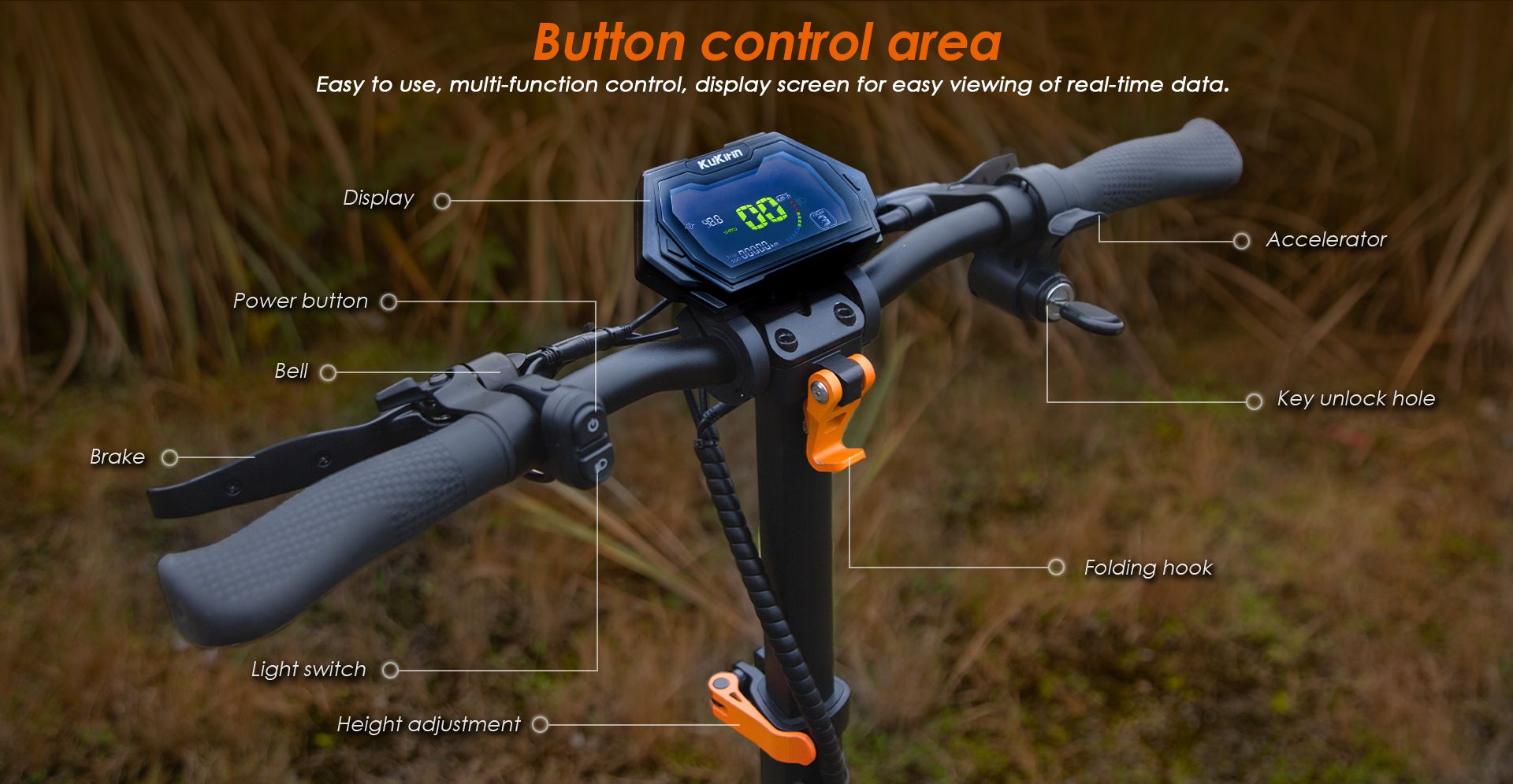 KuKirin G2 Pro VMP DGT certified electric scooter handlebar close‑up with LCD display and multi‑function control buttons