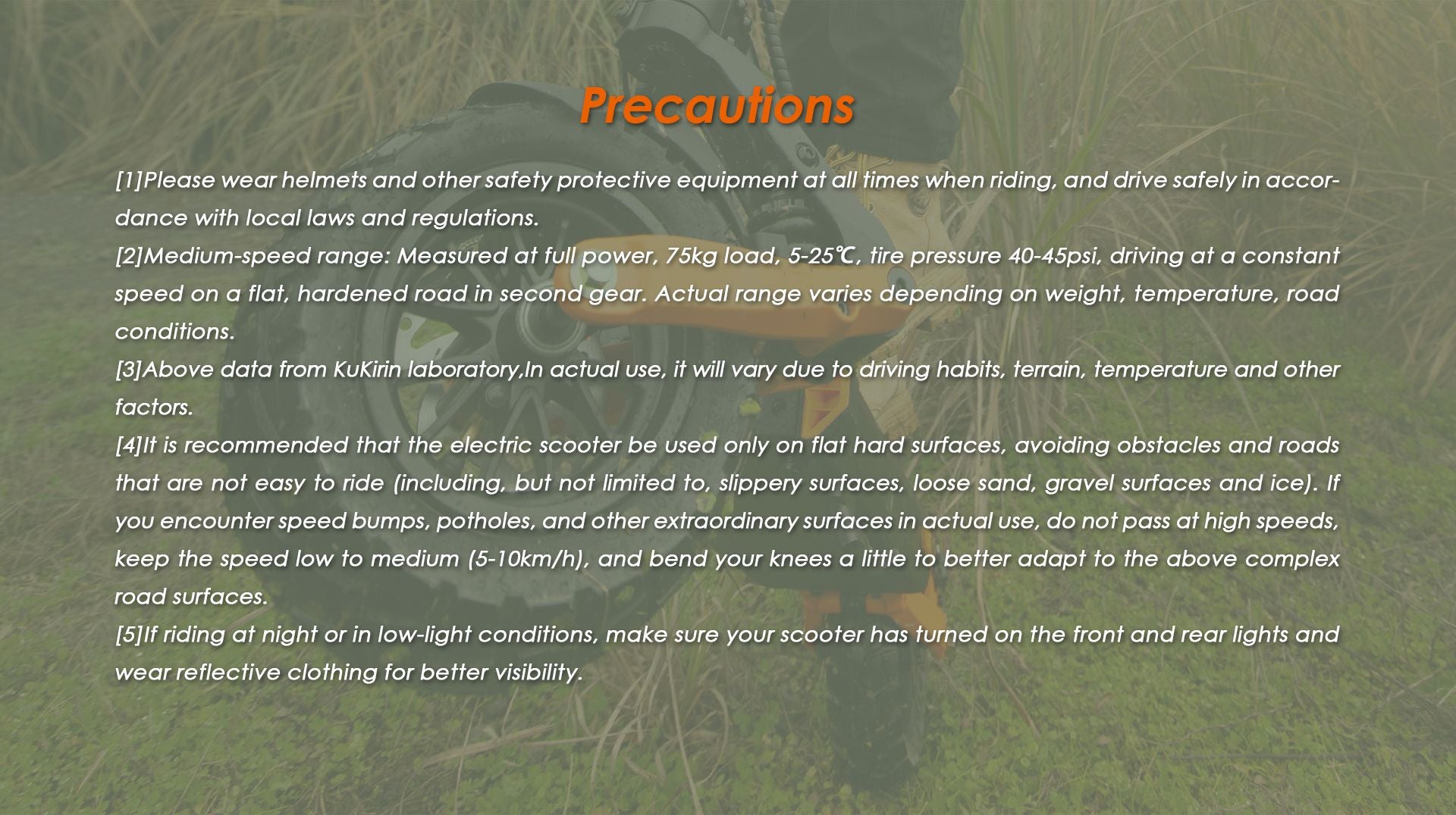 KuKirin G2 Pro VMP DGT electric scooter riding safety precautions and usage notice background with scooter tire