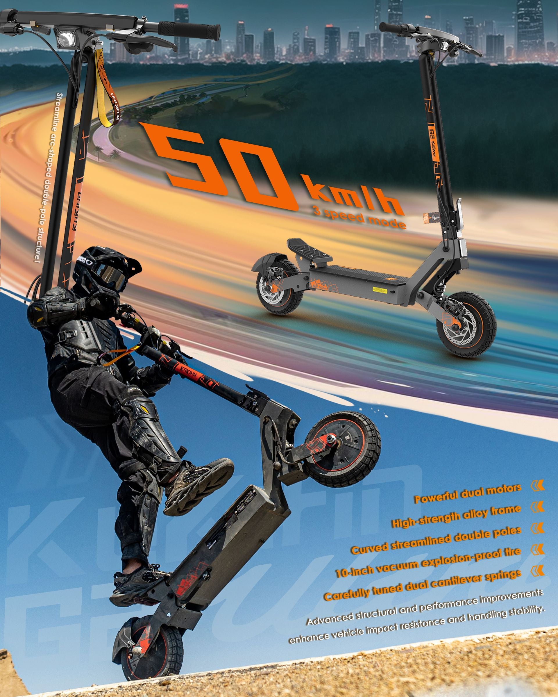KuKirin G2 Ultra high‑speed adult electric scooter dynamic riding poster showing frame structure and performance features