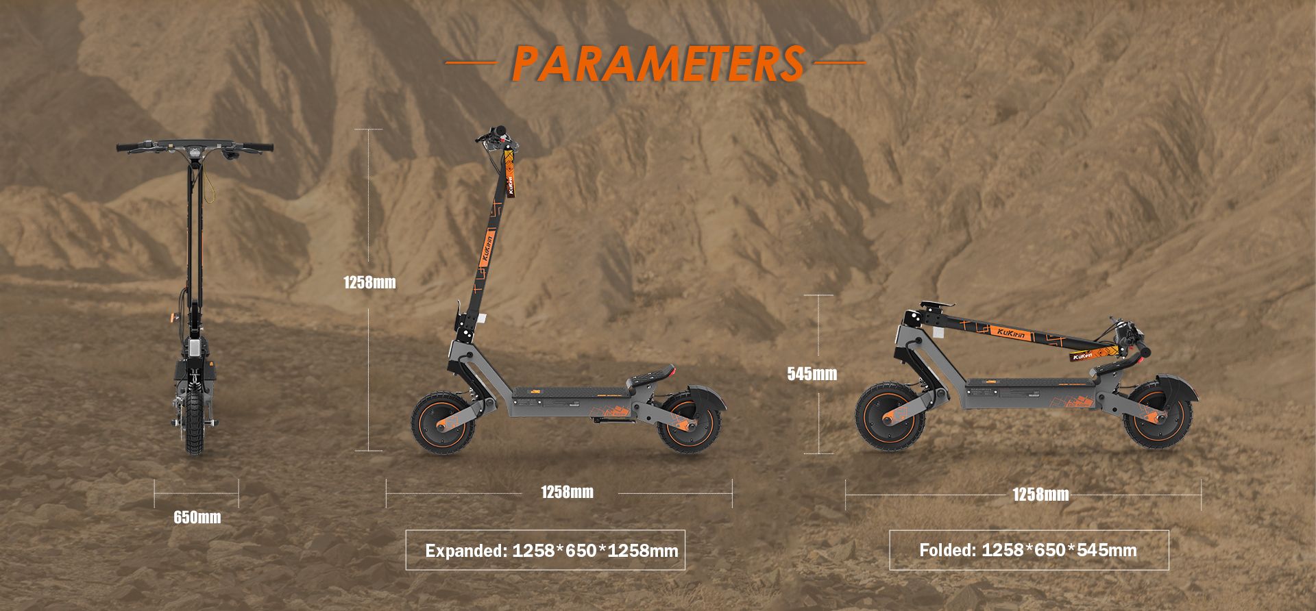 KuKirin G2 Ultra electric scooter dimension chart, expanded and folded size specifications