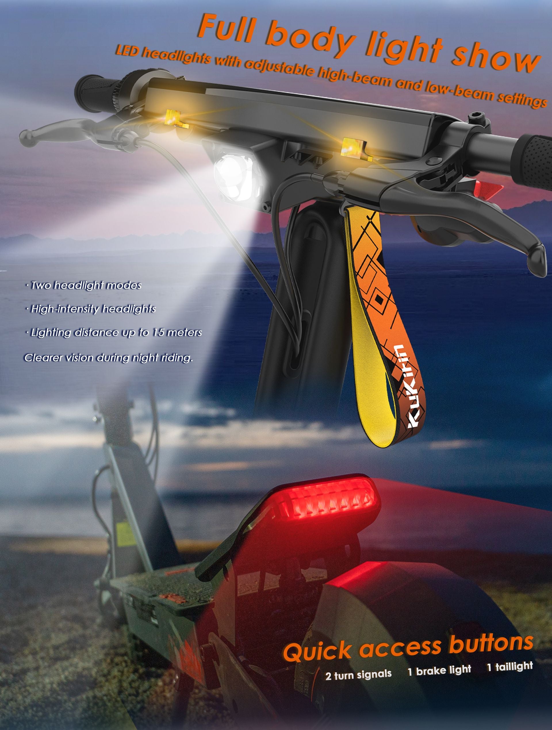 KuKirin G2 Ultra electric scooter full‑body lighting system with adjustable LED headlight, turn signals and rear brake taillight