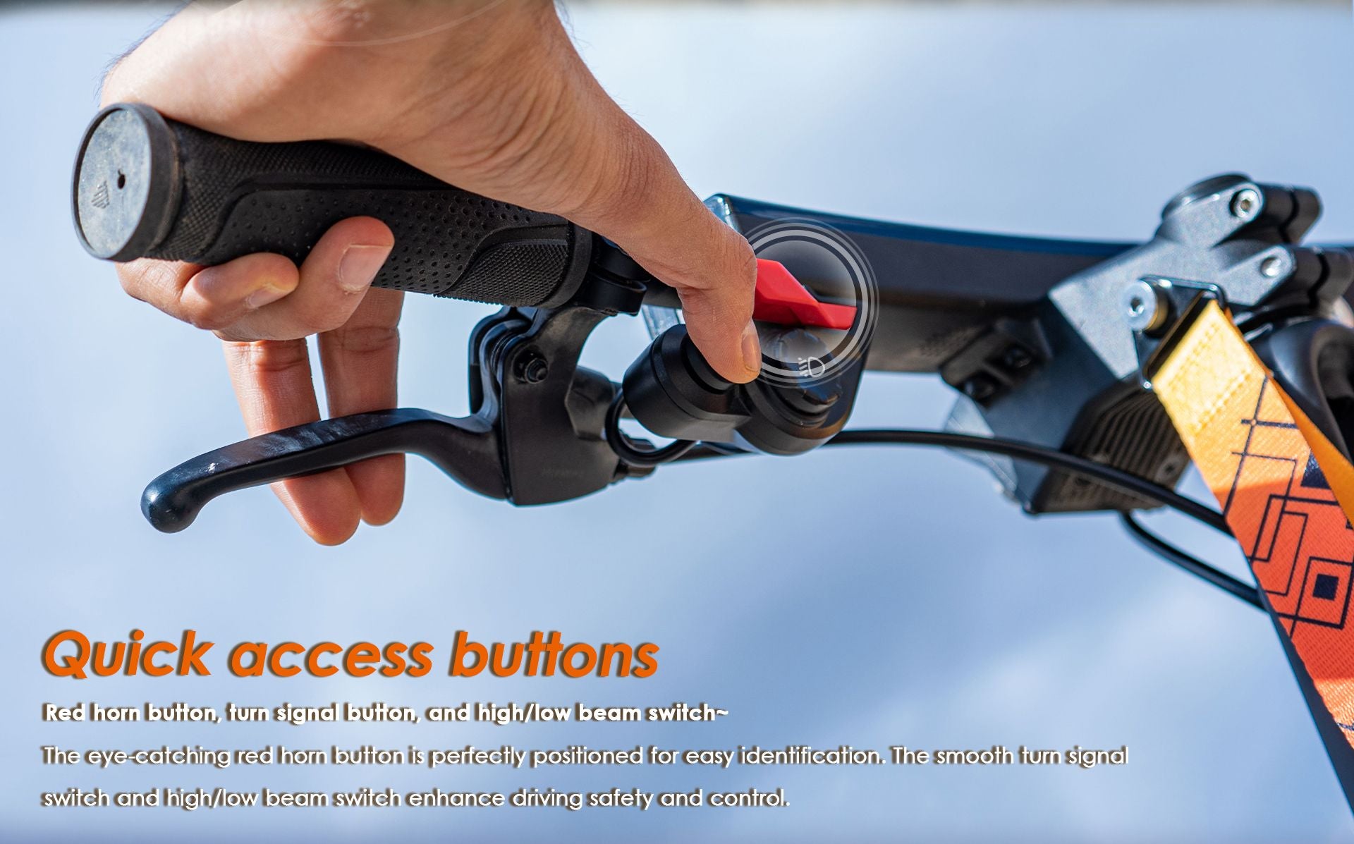 KuKirin G2 Ultra electric scooter handlebar close‑up of quick access buttons for horn, turn signal and headlight beam switch