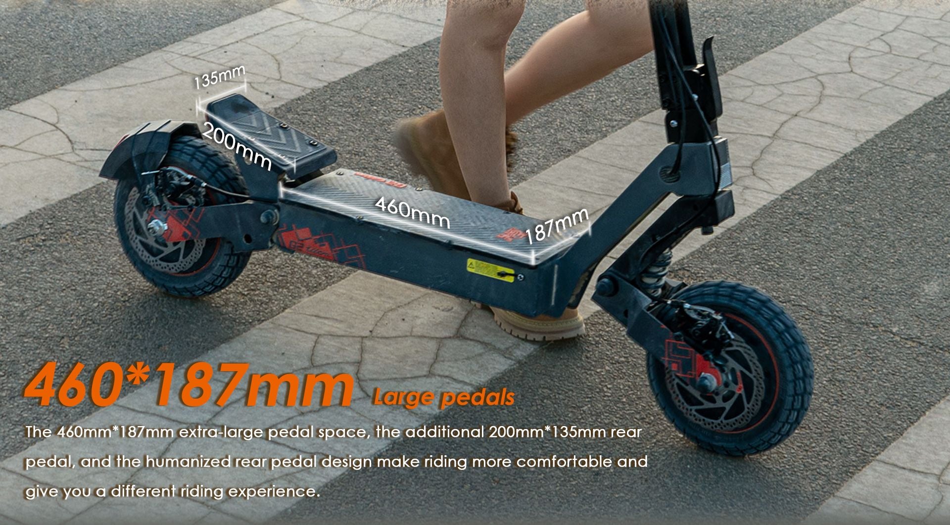 KuKirin G2 Ultra electric scooter showing large 460*187mm foot pedal and extra rear pedal dimension diagram