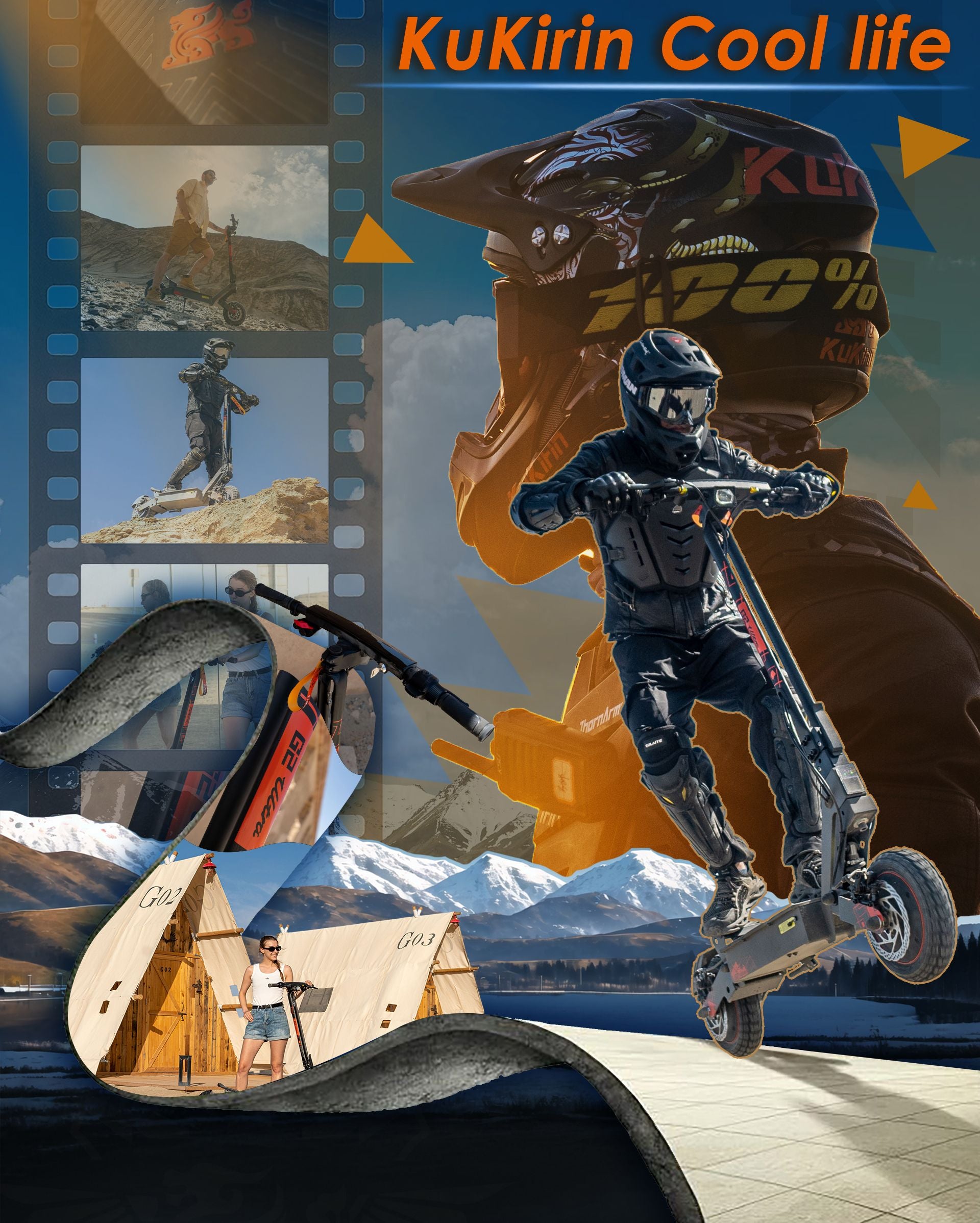 KuKirin G2 Ultra electric scooter lifestyle collage showing multiple outdoor riding and camping scenarios