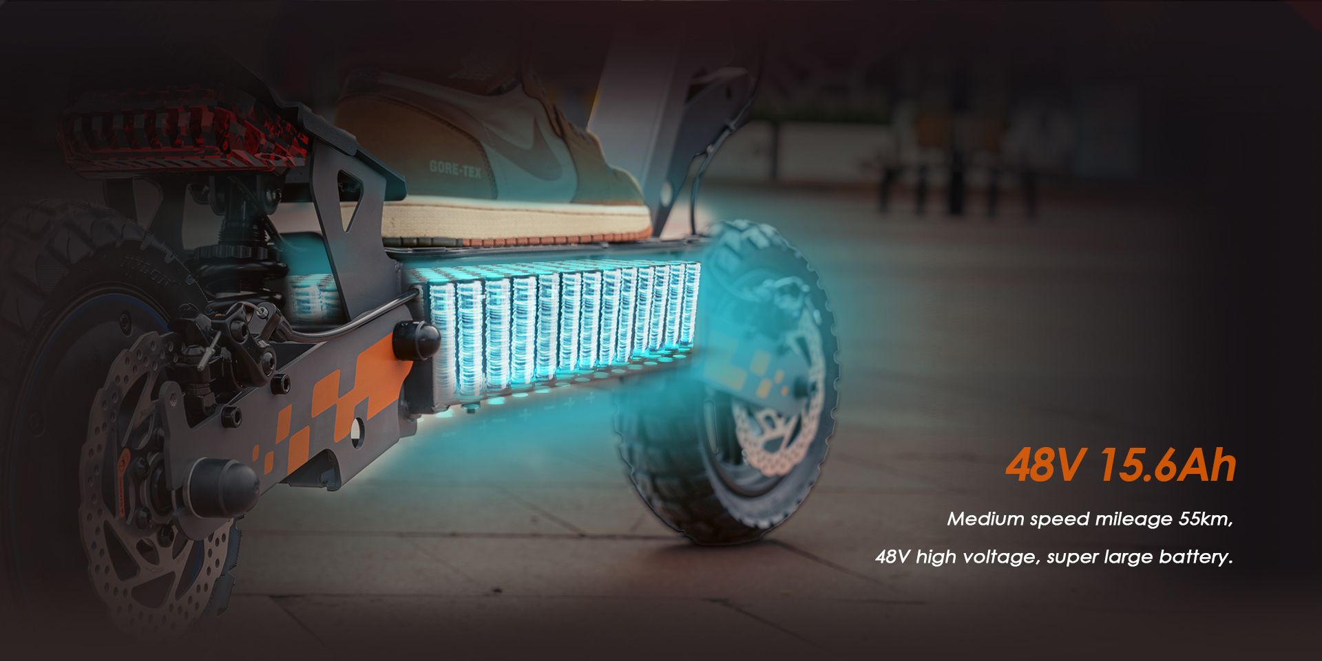 KuKirin G2 VMP electric scooter cutaway view showing 48V 15.6Ah large capacity battery pack