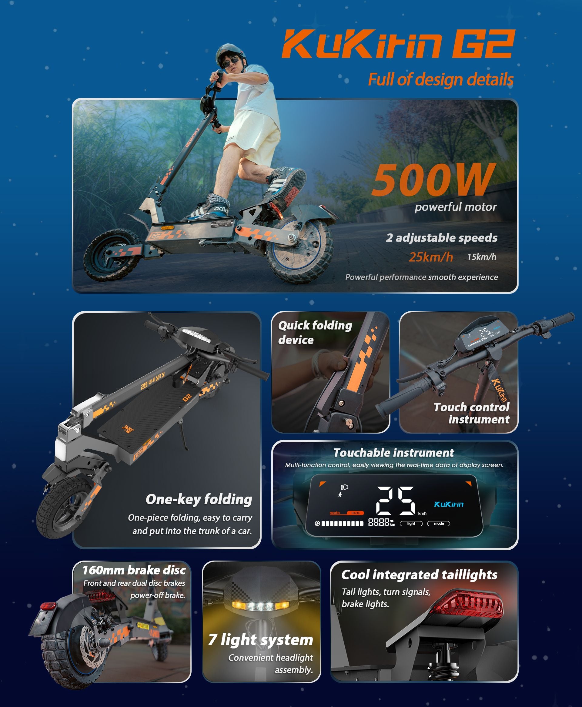 KuKirin G2 VMP electric scooter design details collage showing motor folding display and lights