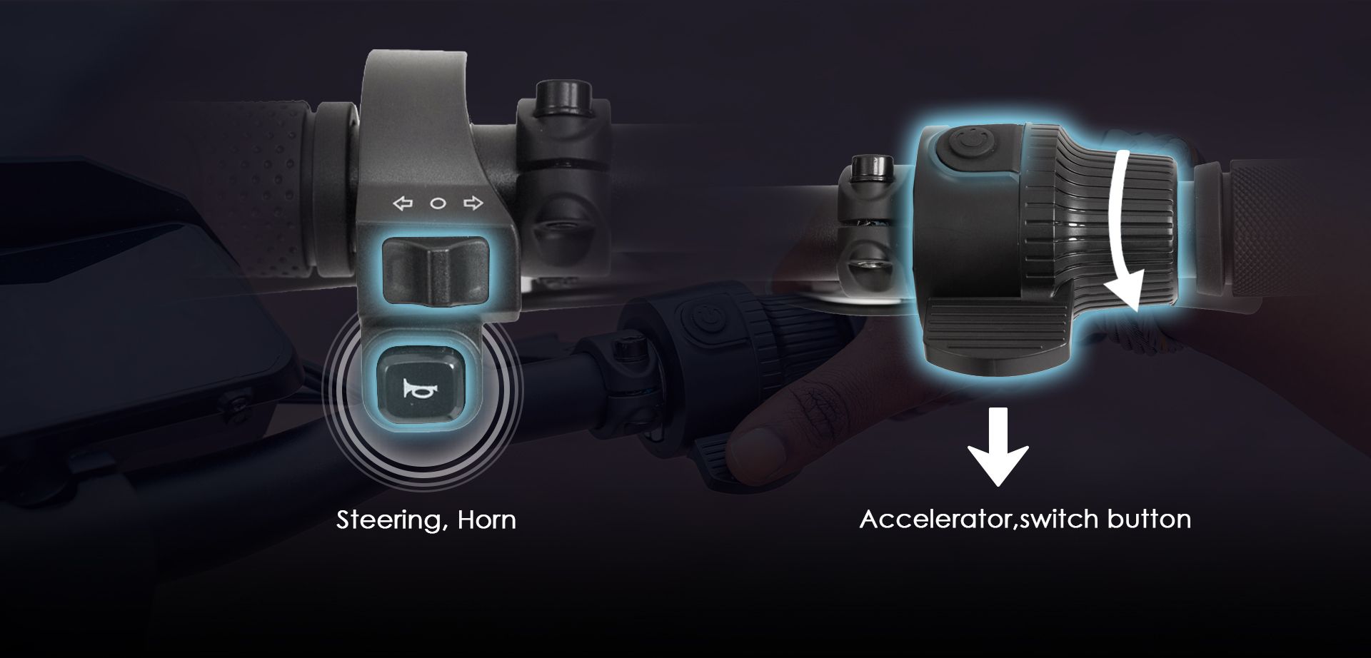 KuKirin G2 VMP electric scooter close‑up of handlebar horn turn‑signal and accelerator control buttons