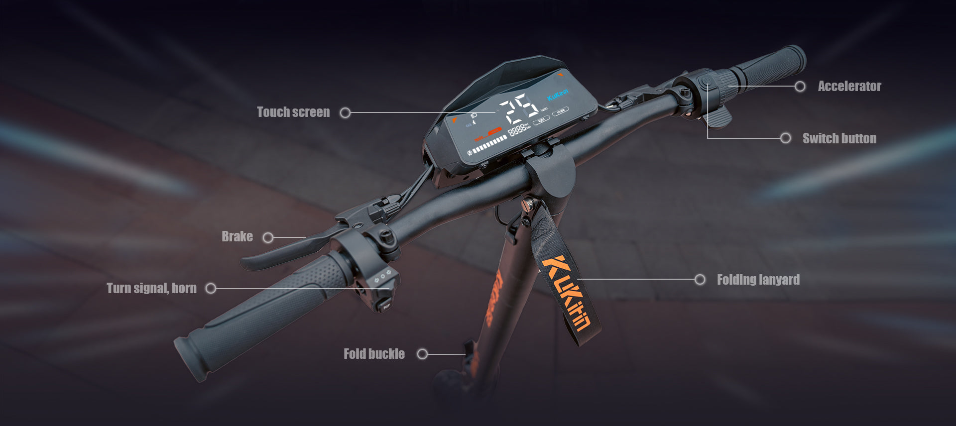 KuKirin G2 VMP electric scooter handlebar labeled diagram with touch screen and control buttons