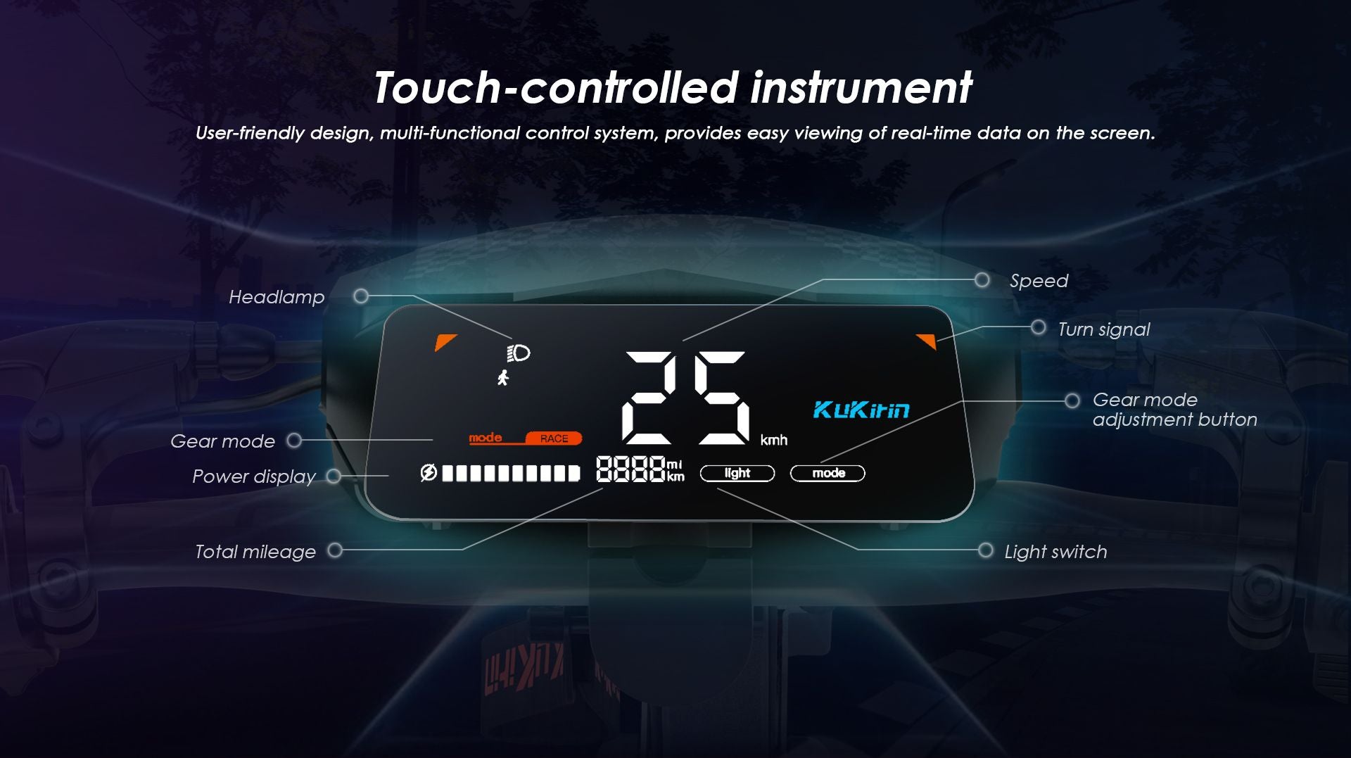KuKirin G2 VMP electric scooter touch‑controlled instrument dashboard close‑up diagram
