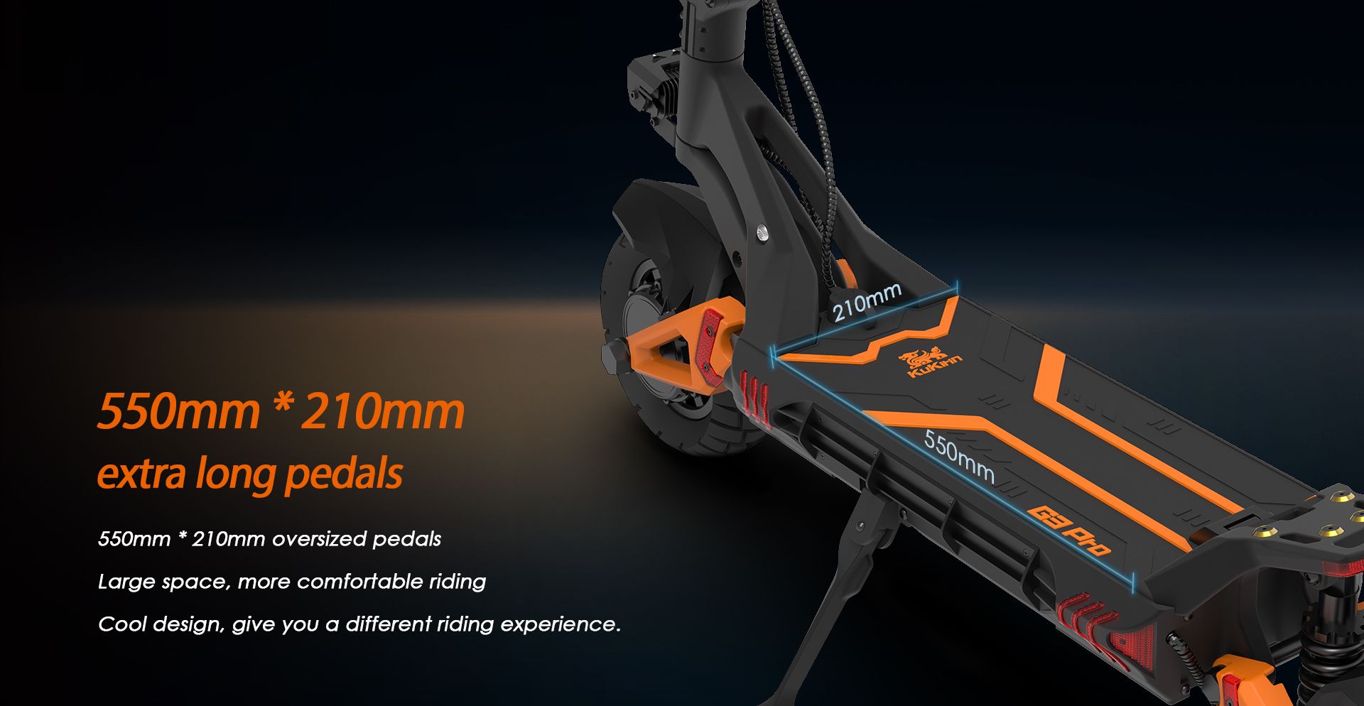 KuKirin G3 Pro electric scooter 550mm*210mm extra long oversized pedals, large foot platform for comfortable riding
