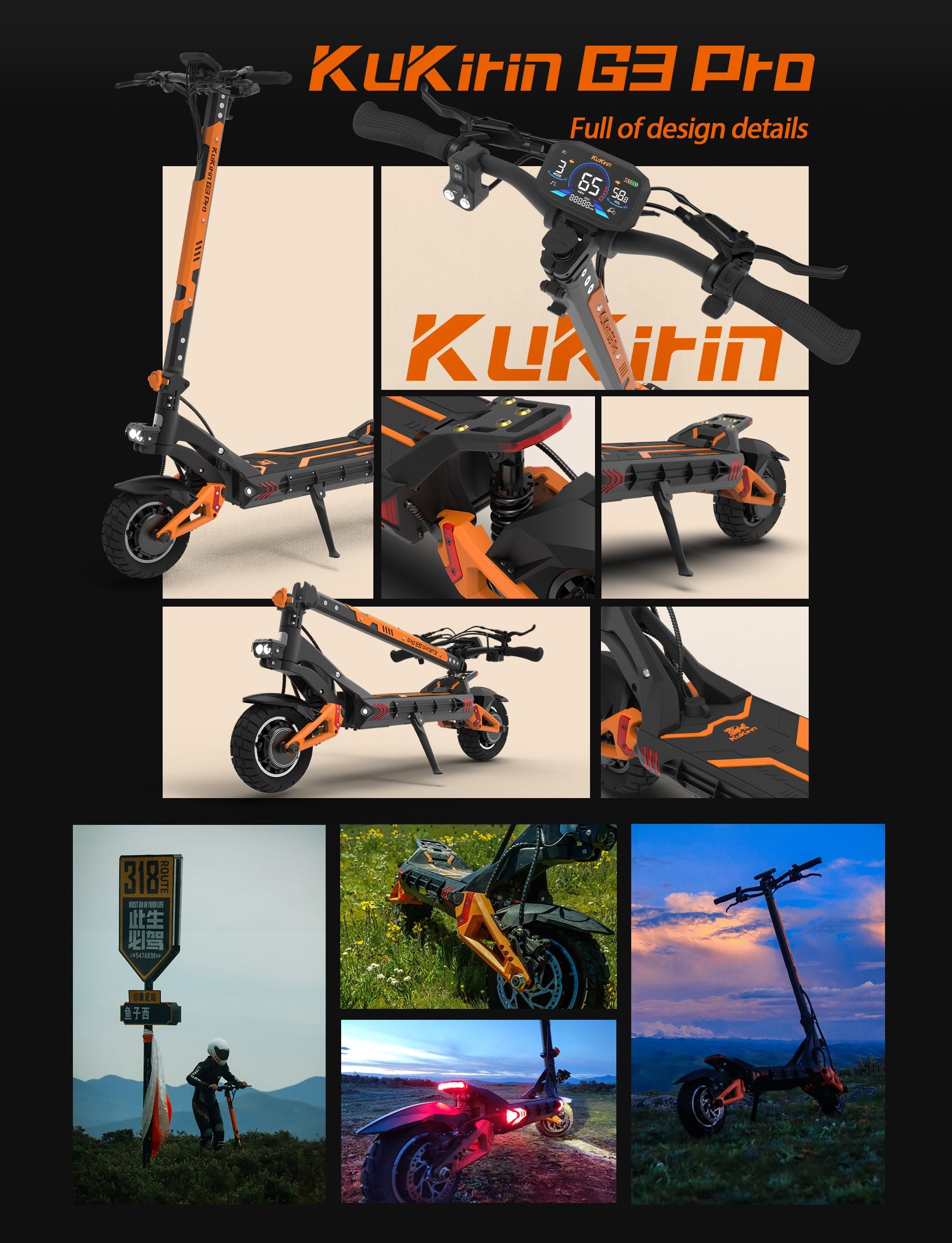 KuKirin G3 Pro electric scooter collage gallery, full view, dashboard, folding structure, off‑road lifestyle outdoor scenes