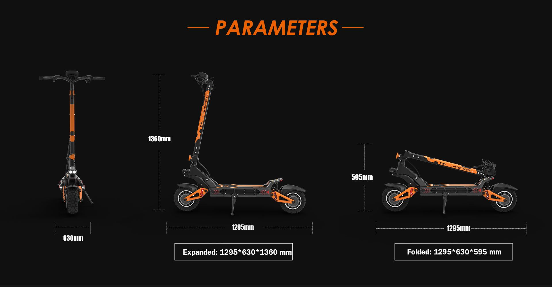 KuKirin G3 Pro electric scooter dimension parameter chart, expanded and folded size measurement diagram