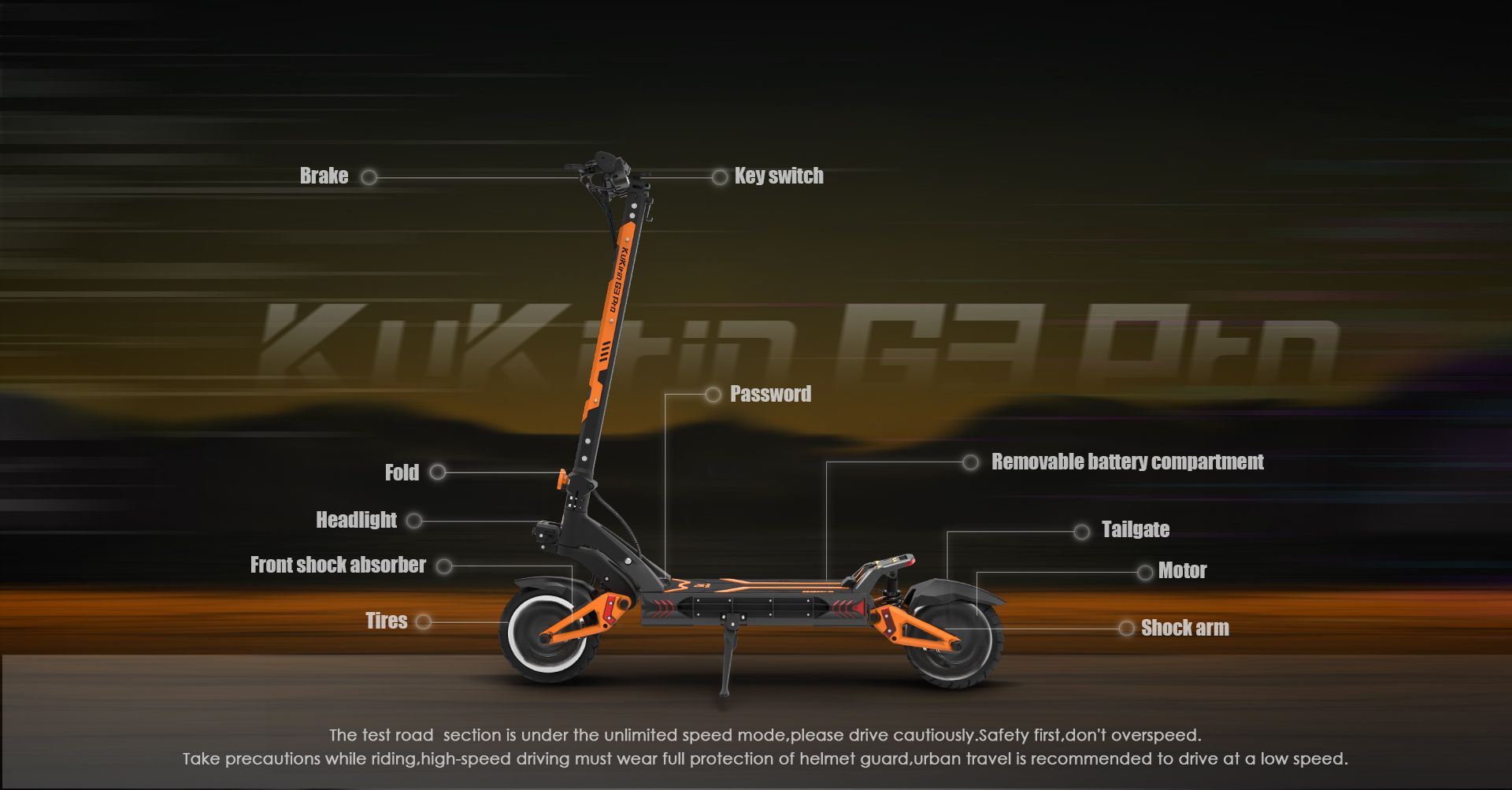 KuKirin G3 Pro off‑road electric scooter labeled component diagram showing brake, shock absorber, removable battery and dual motor parts