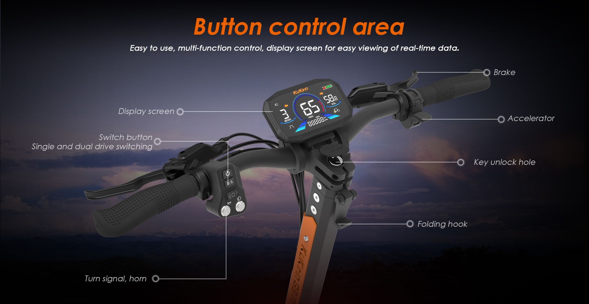 KuKirin G3 Pro electric scooter handlebar button control area diagram with LCD display screen brake accelerator and dual drive switch