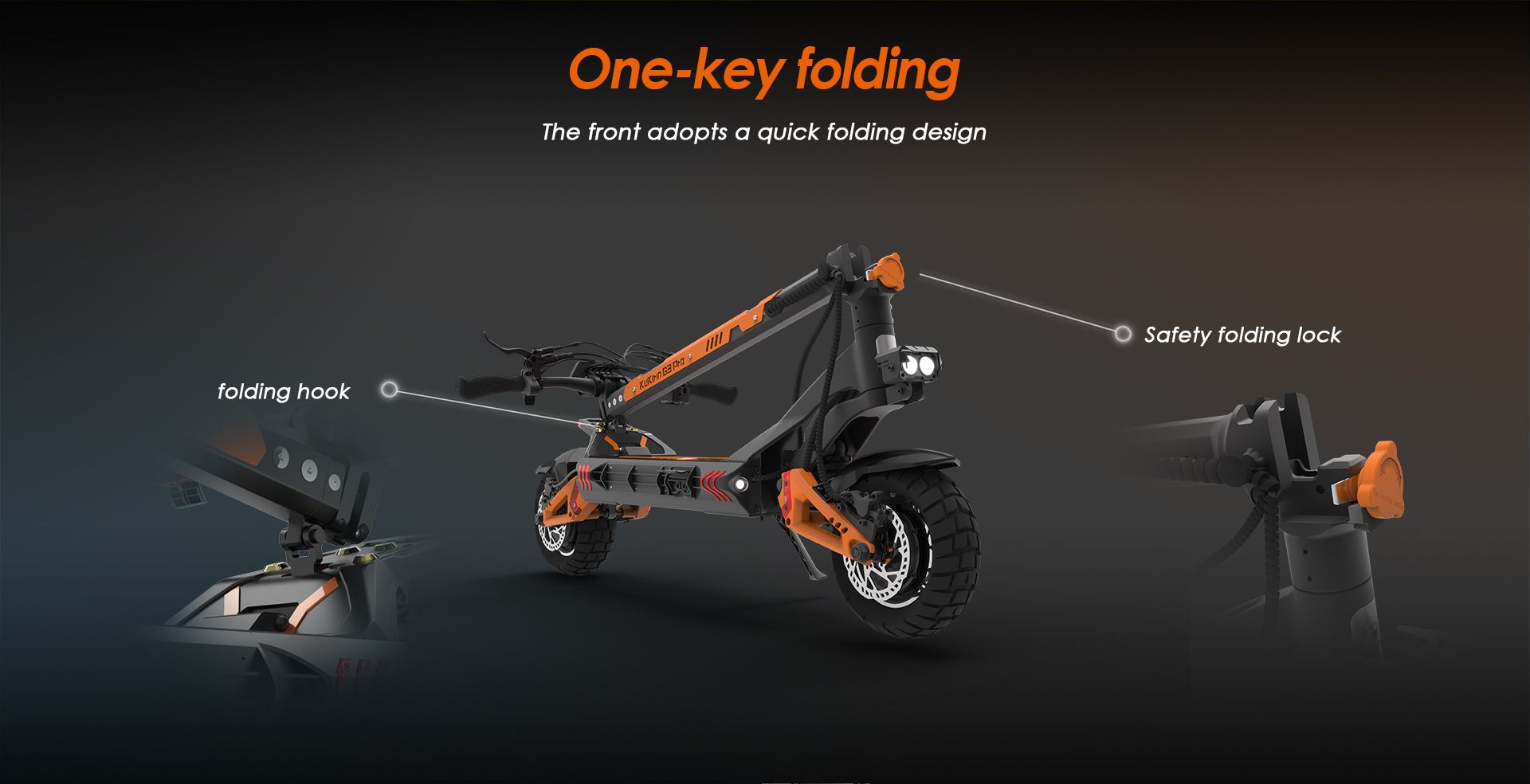 KuKirin G3 Pro electric scooter one‑key quick folding design, showing folding hook and safety folding lock structure