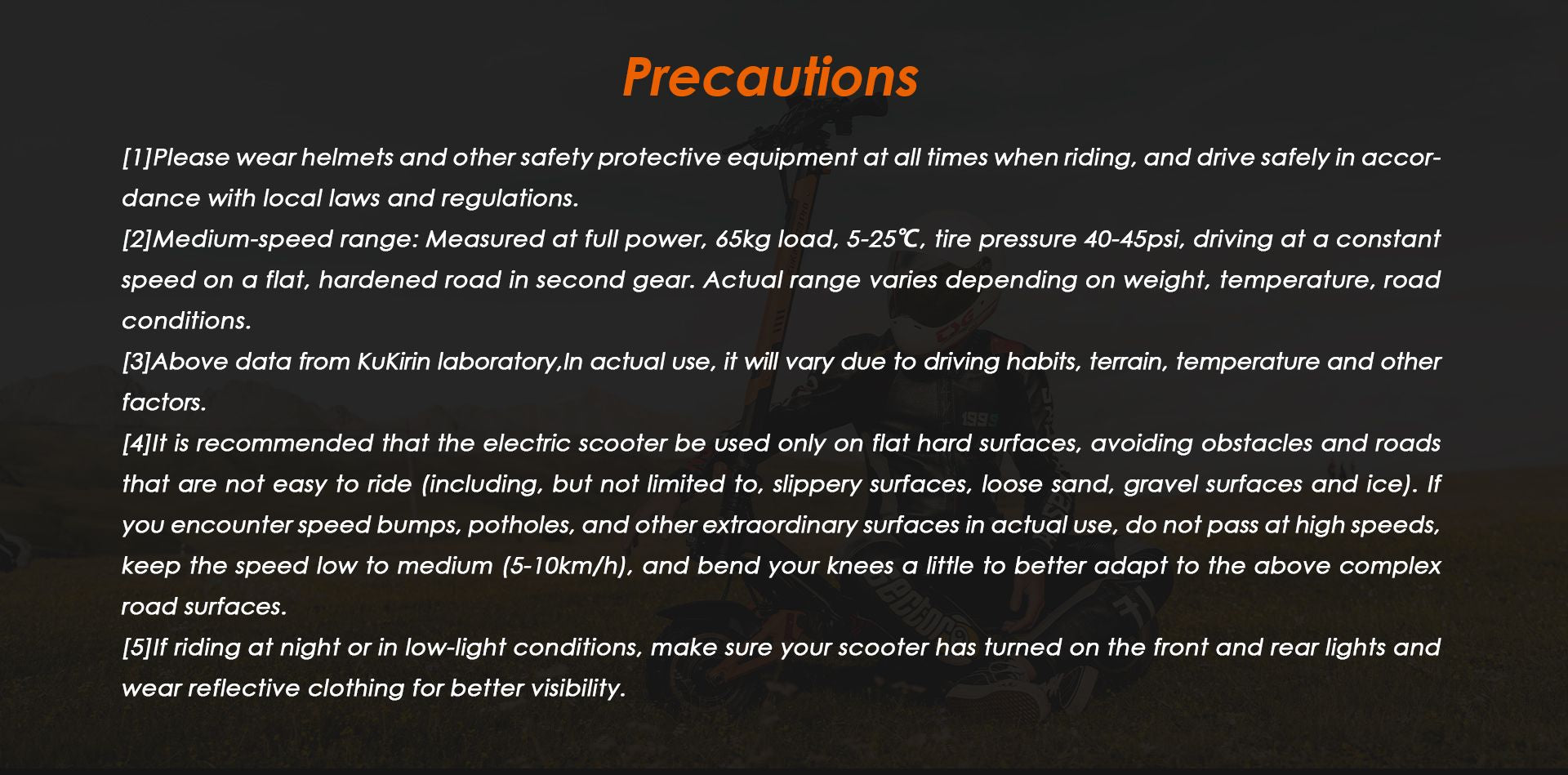 KuKirin G3 Pro electric scooter riding precautions page, safety warning notes for user operation