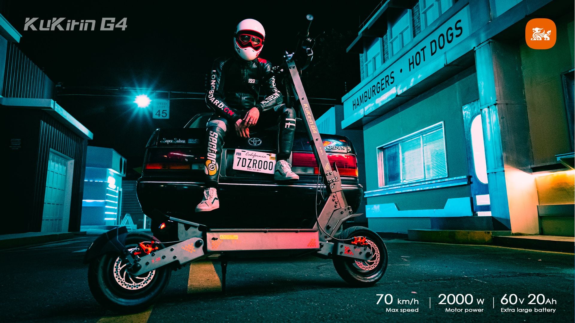 KuKirin G4 high‑speed off‑road electric scooter, adult powerful dual motor scooter displayed on city street at night