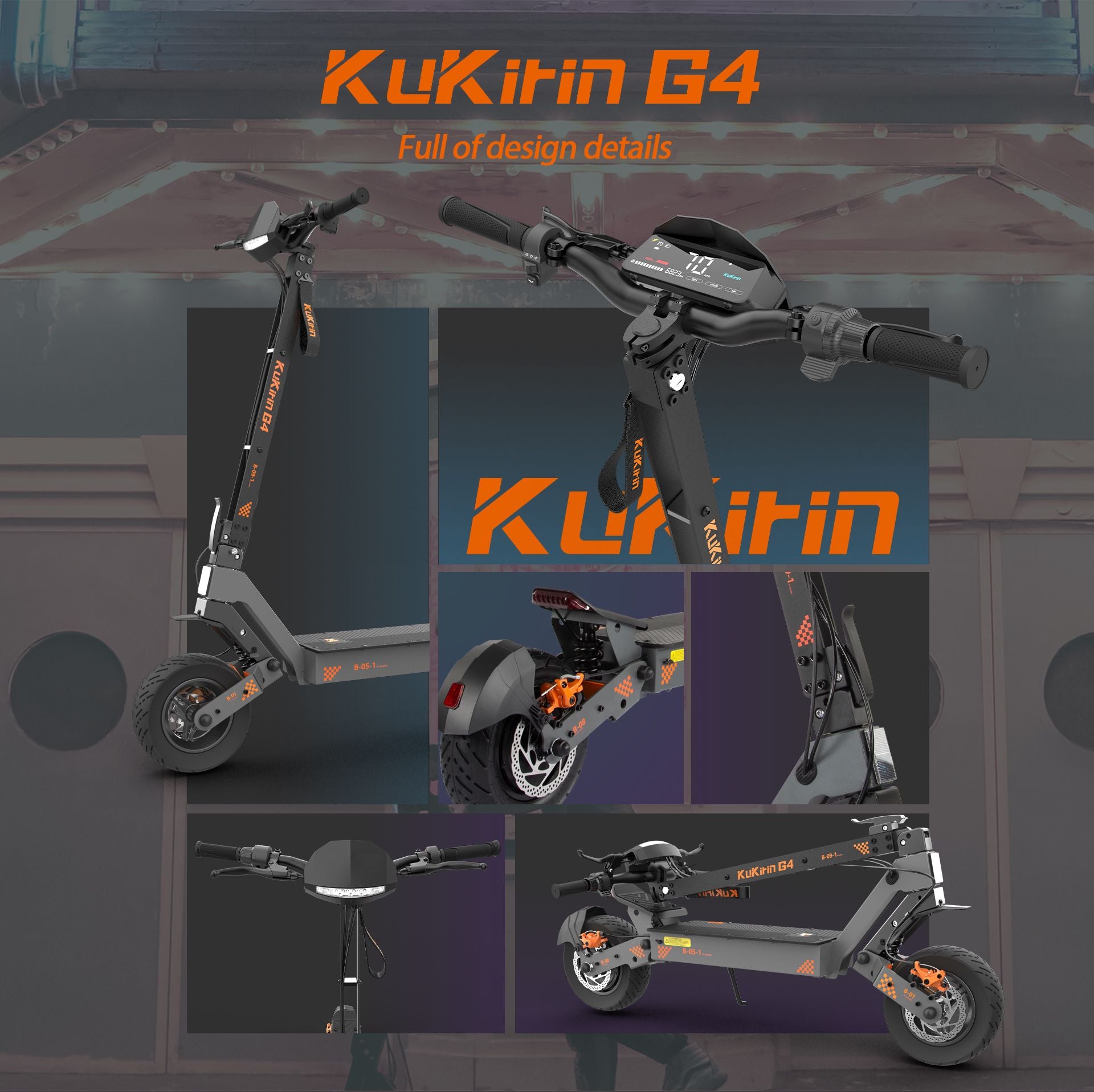 KuKirin G4 electric scooter multi‑view collage showing design details, dashboard, suspension and folding structure