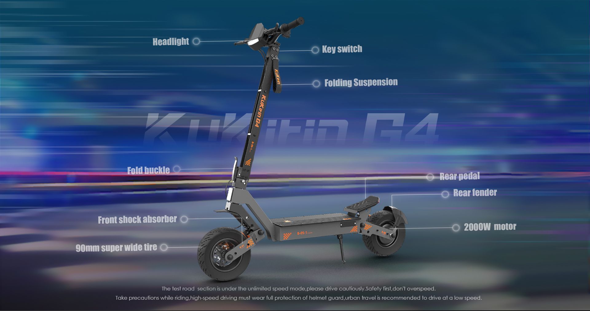 KuKirin G4 electric scooter labeled diagram showing headlight, suspension, 90mm wide tire and 2000W motor components