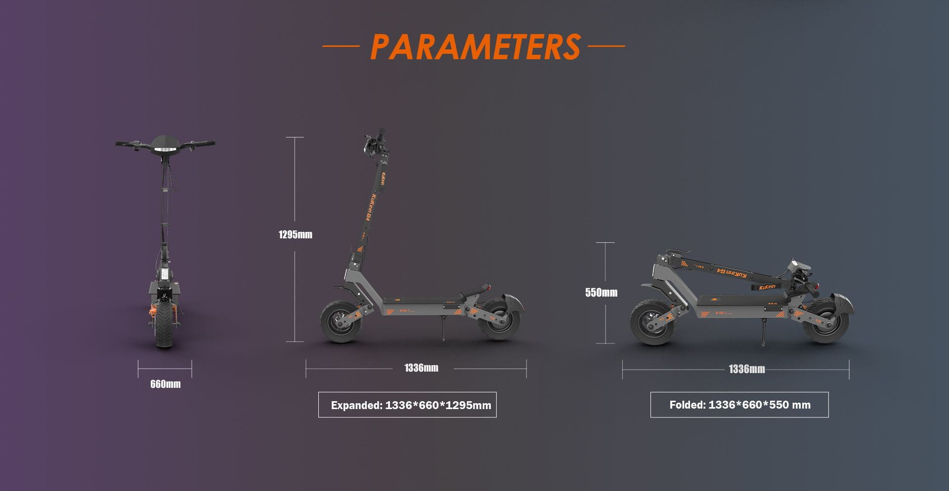 KuKirin G4 electric scooter expanded and folded dimension parameters diagram, unfolded and folded size comparison
