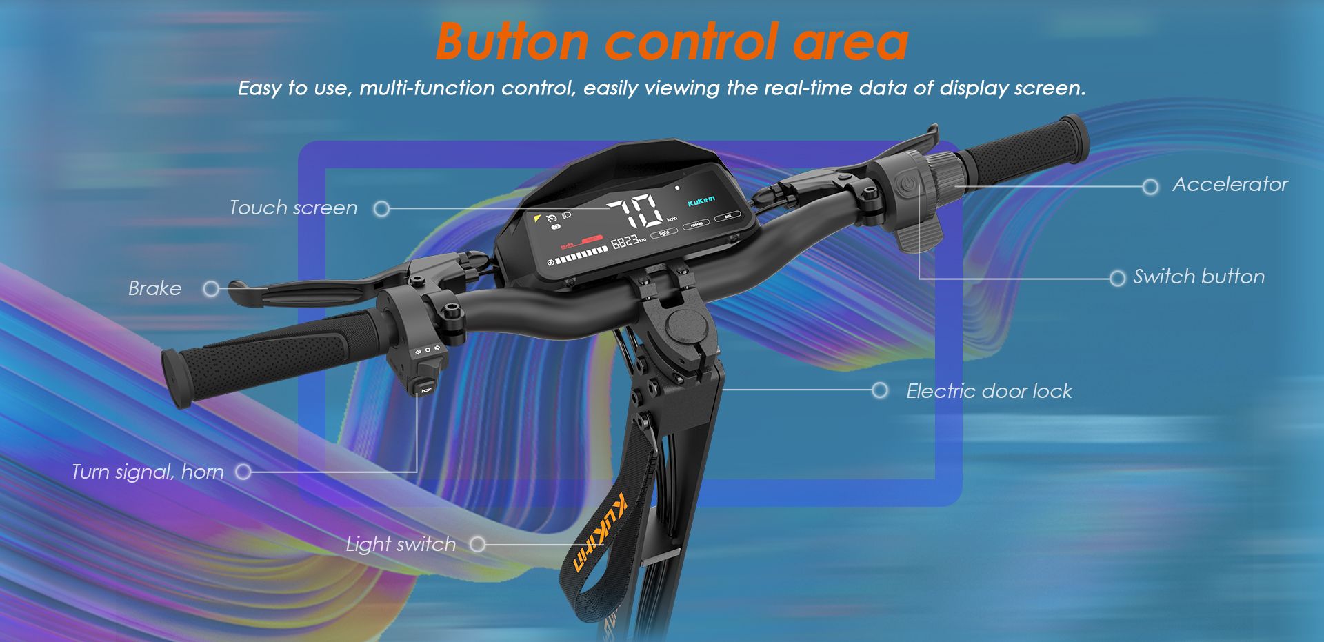KuKirin G4 electric scooter handlebar diagram with touch screen display, brake and control buttons