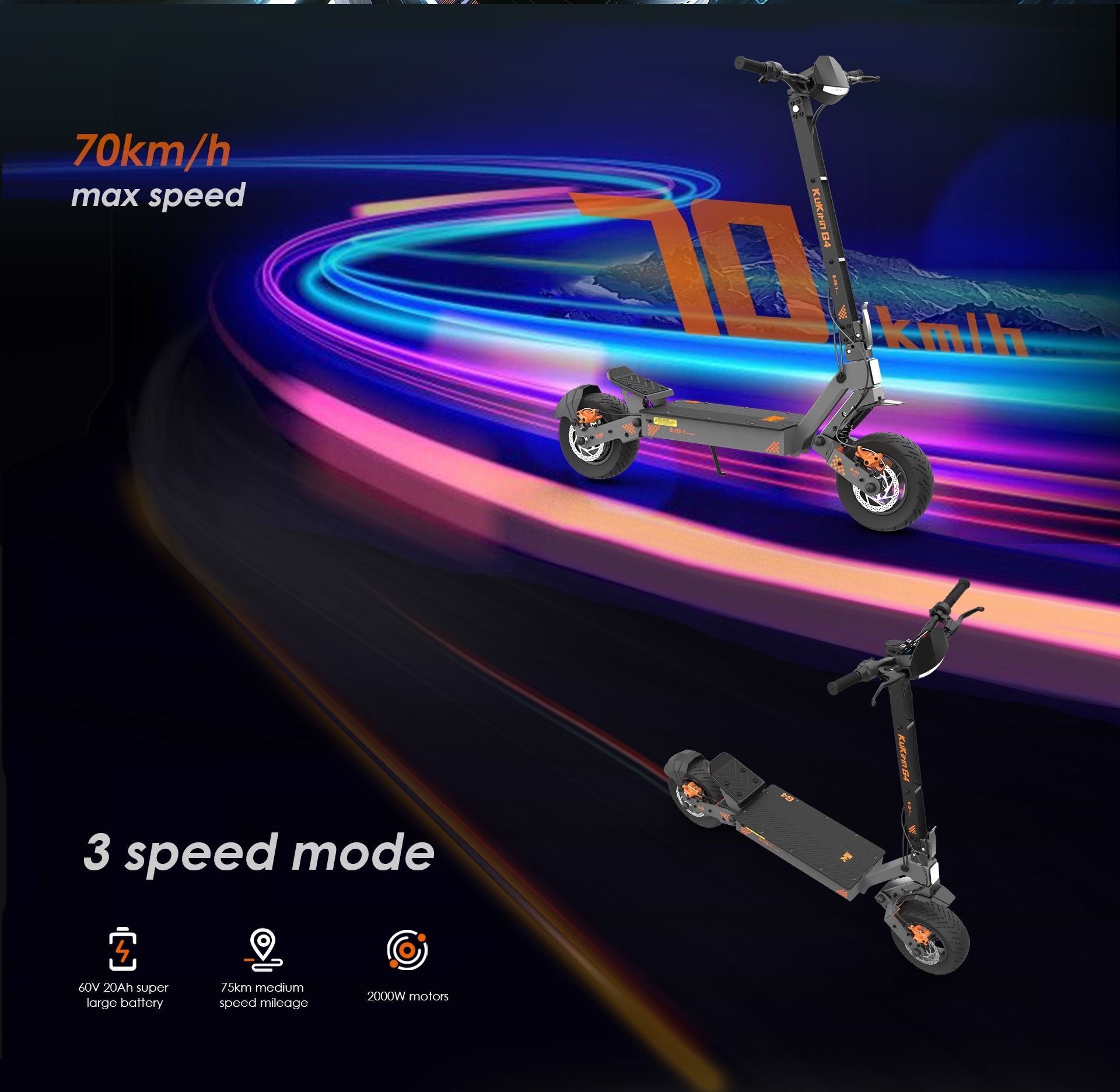 KuKirin G4 electric scooter showing 70km/h max speed and 3 speed mode feature